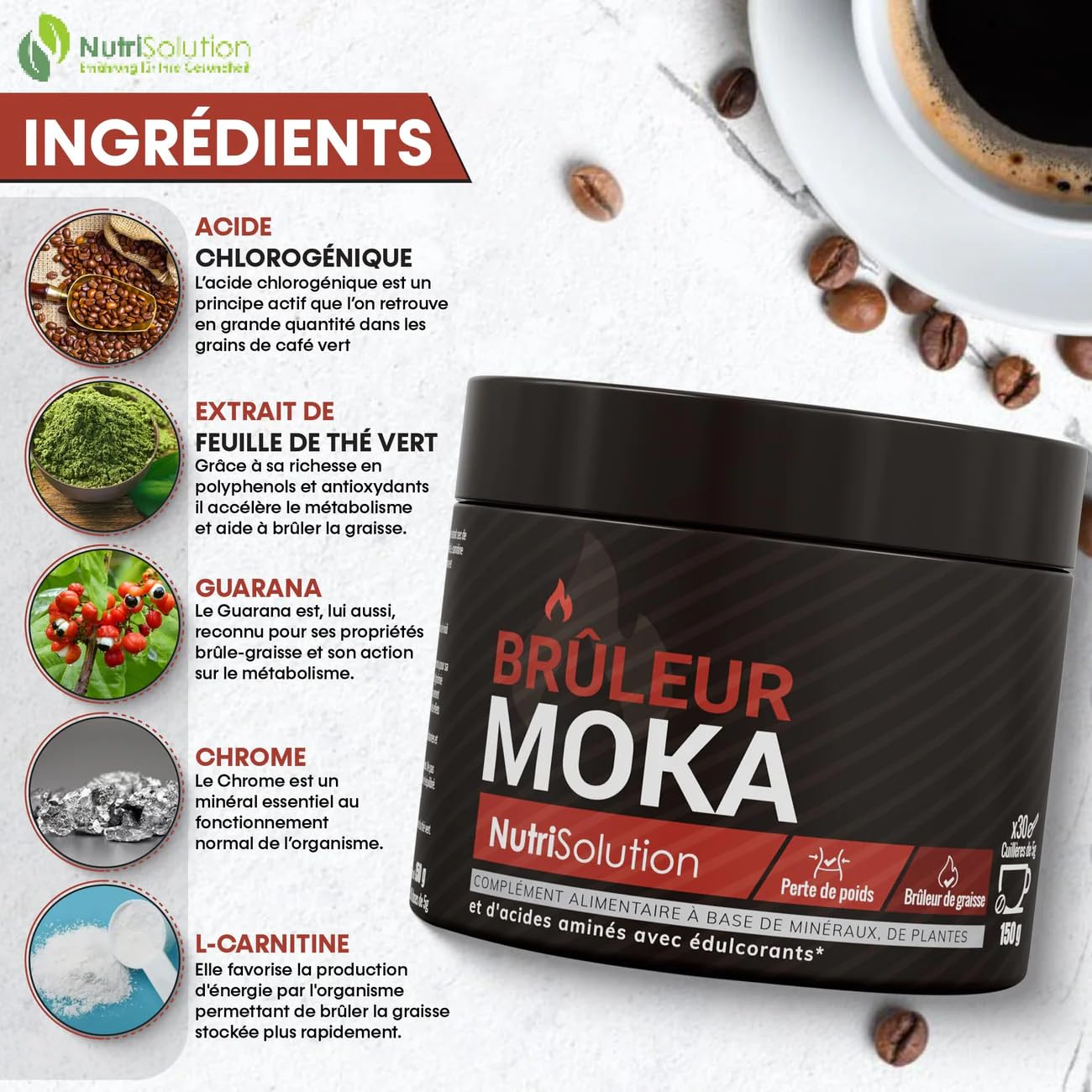 Brûleur Moka Nutrisolution Café Minceur Premium Brûle-Graisse Puissant 100% Ingrédients Naturels Végétarien Sans Gluten Sans OGM Fabriqué en France