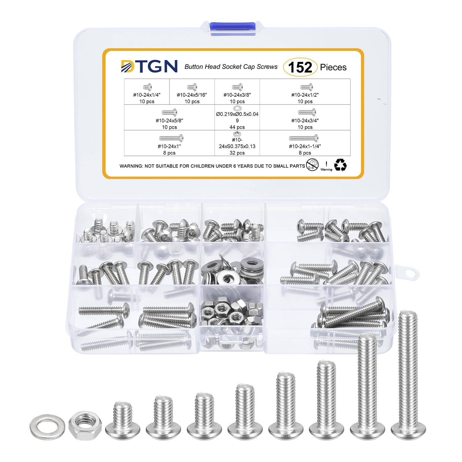 DTGN 152Pcs #10-24x1/4" to 1-1/4" Button Head Socket Cap Screws, 304 Stainless Steel Bolt Nut Set Washer Assortment Kit