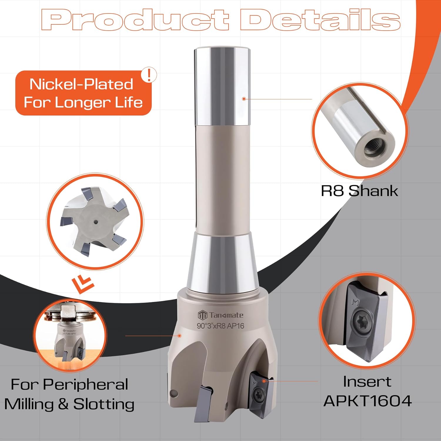 Indexable End Mill R8 Shank 2" Cutting Diameter x 6-1/8" Oal 90 Degree with Nickel Plating, Includes 5 APKT1604 Carbide Inserts