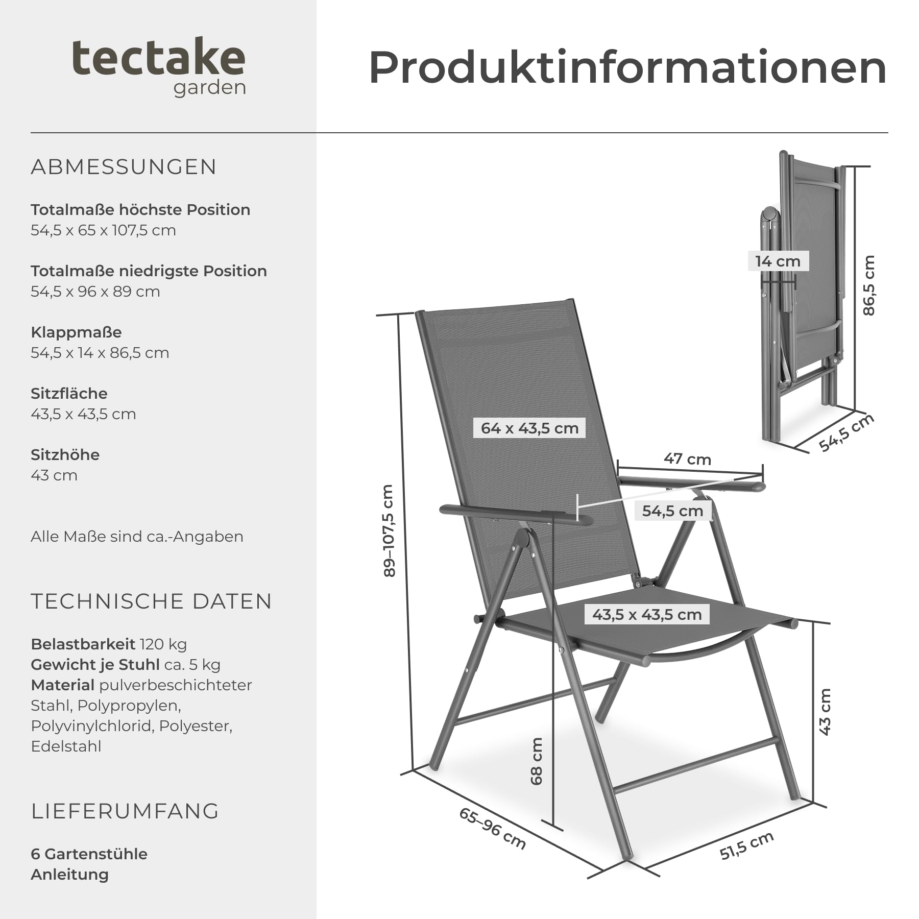 TecTake® 6er Set Gartenstuhl klappbar, 54,5 x 65 x 107,5 cm, 8-Fach verstellbare Rückenlehne, wetterfest, Textilene, Verstellbarer Hochlehner, Outdoorstuhl, Gartenmöbel, Klappsessel - anthrazit