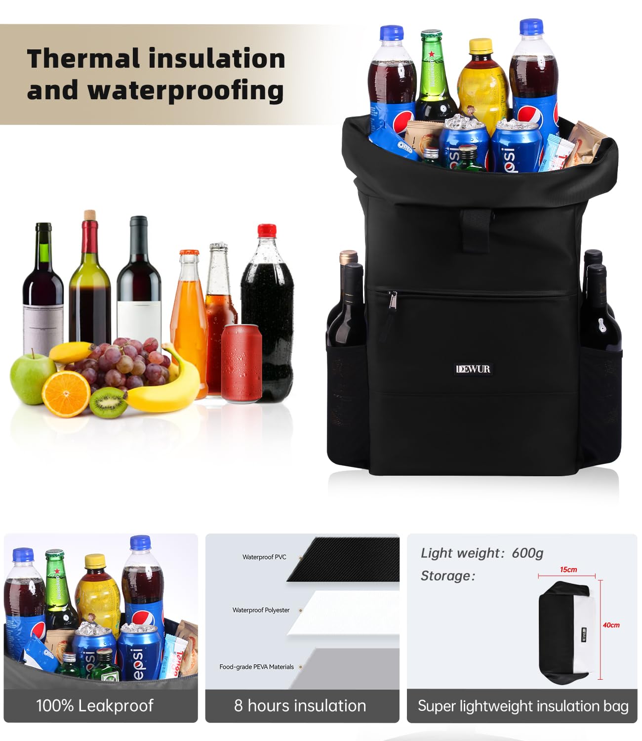 DEWUR 35L Thermo Rücksack Kühlrücksack Kühltasche Wasserdichter Picknickrücksack mit Flaschenöffner für Picknick Camping Strand Wandern Reisen Einkaufen
