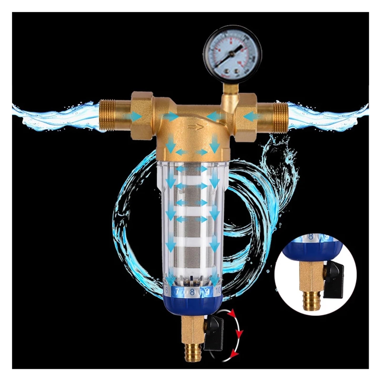 3/4 Prefiltro Purificatore Tutta la casa Spin Down Sedimenti Filtro for l'acqua di prefiltro centrale Controlavaggio Rete in acciaio inossidabile Sostituzione sottolavello