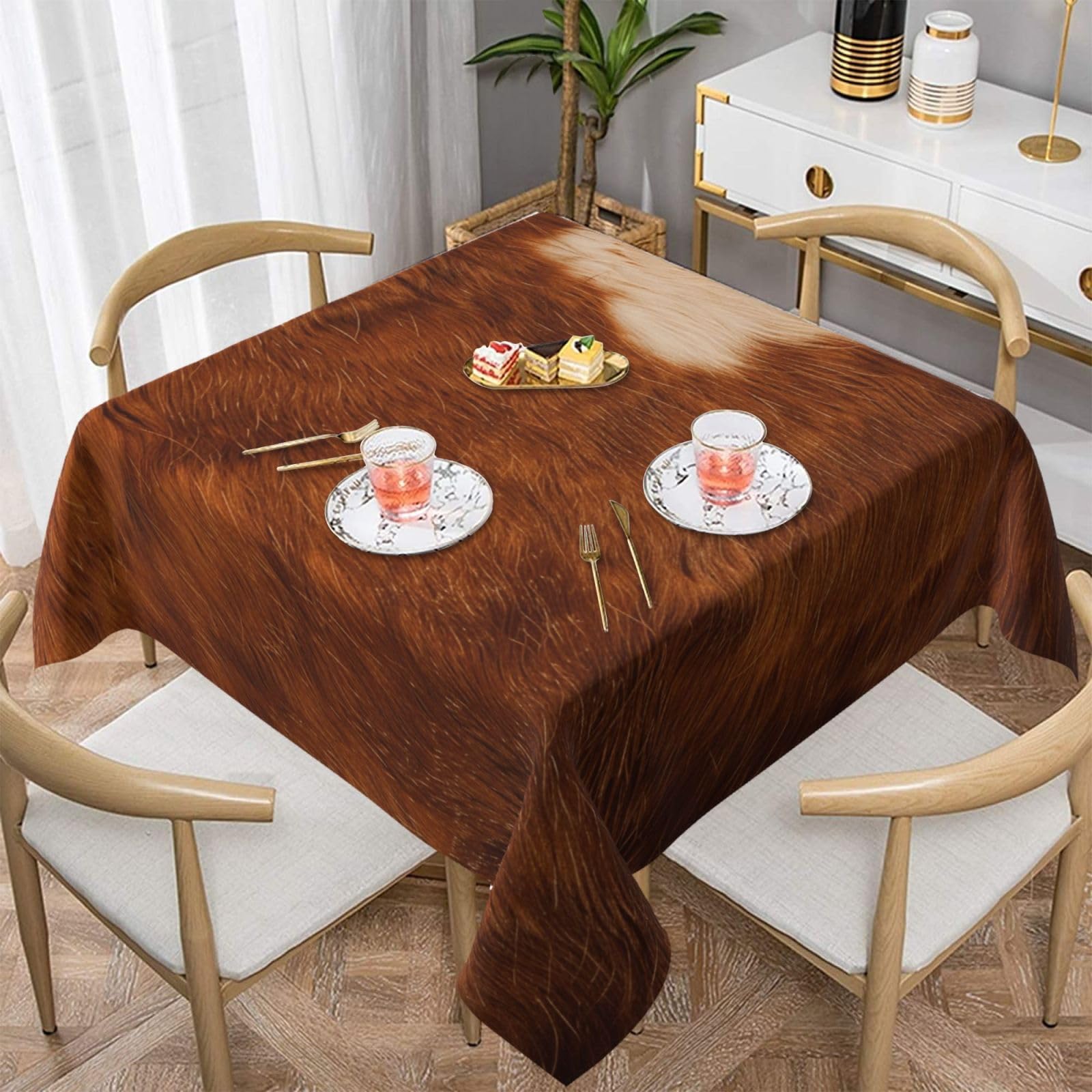 WPKJU red Brown Cowhide Printed Square Tablecloth 54x54 inch Water Resistant Table Cover Washable Rectangle Table Cloth for Dining Tables