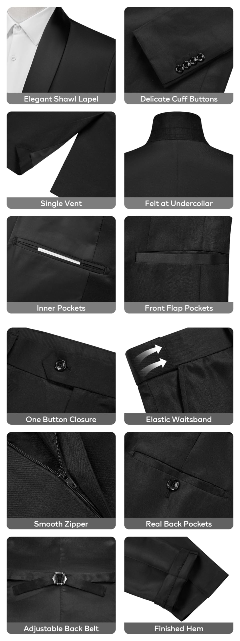 WEEN CHARM Mens Suit Slim Fit Tuxedo 3 Piece One Button Shawl Lapel Blazer Jacket Vest Pants Set for Prom Party — view 3