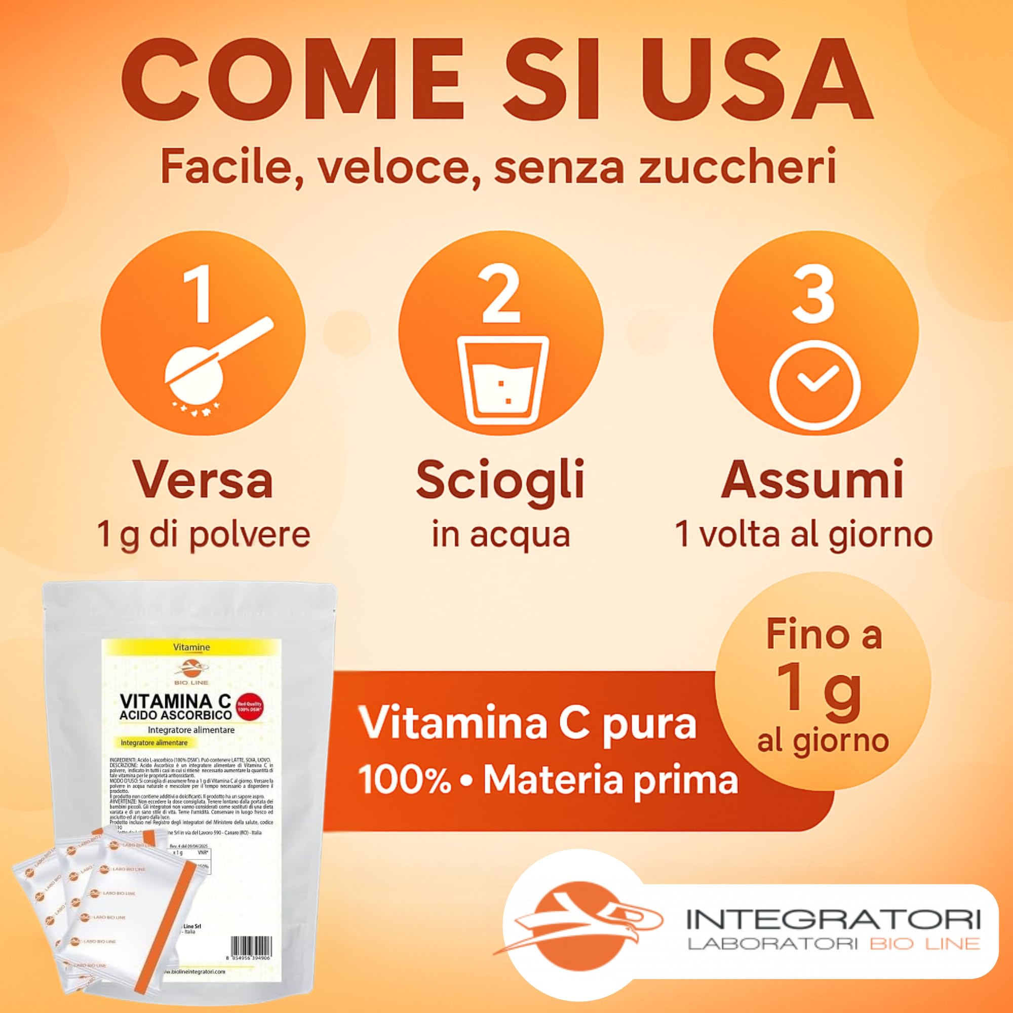 BioLine - Acido Ascorbico Red Quality - Vitamina C DSM in Polvere Pura 500 g (50 bustine da 10 grammi) Integratore Difese Immunitarie con Elevata Concentrazione di Antiossidanti Integratori Alimentari