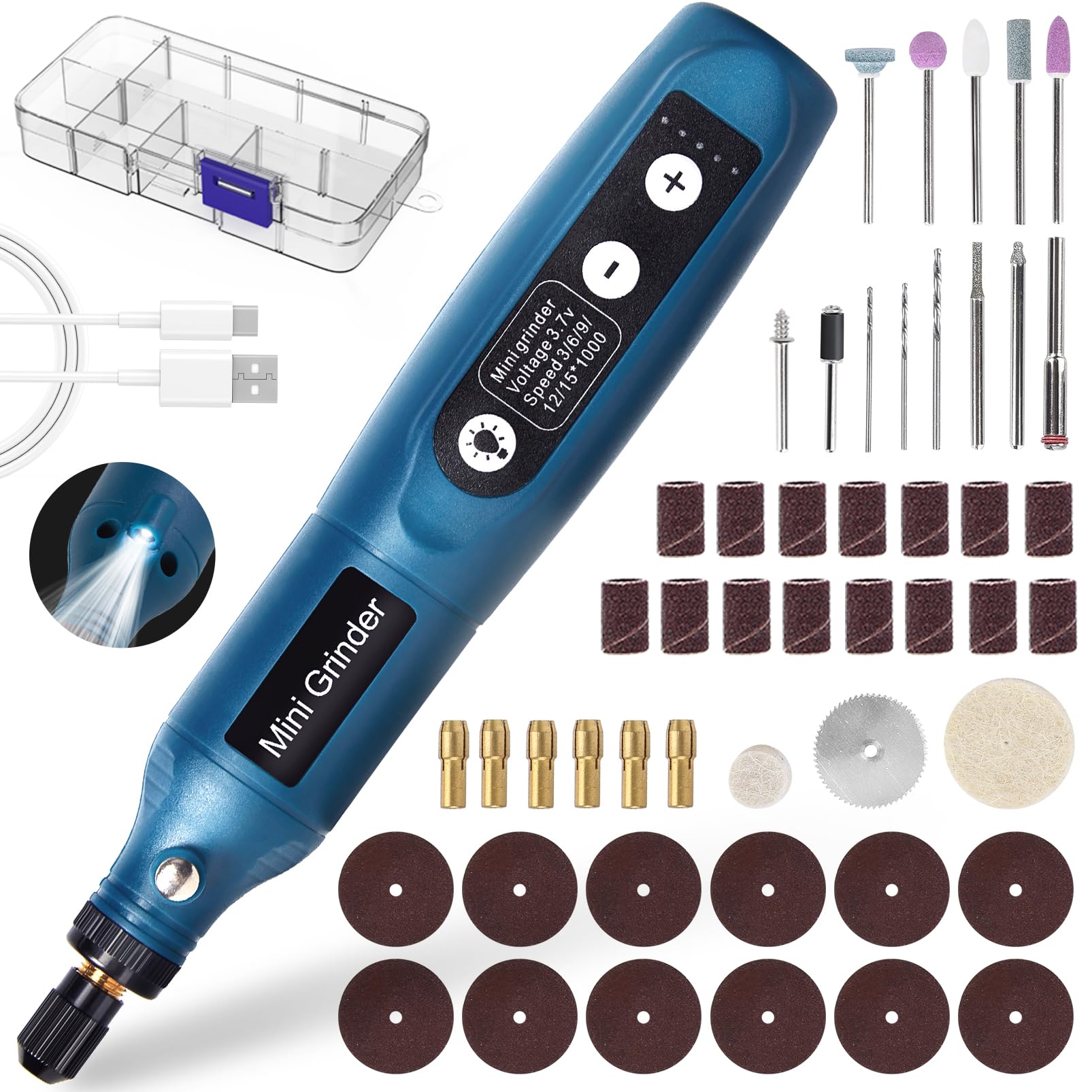 Cordless Mini Rotary Tool Set - 50Pcs Accessories 3.7V 5 Speed 3000rpm to 15000rpm Rotary Tool Kit USB Rechargeable with Light Mini Electric Grinder for DIY Work Engraving Grinding Polishing
