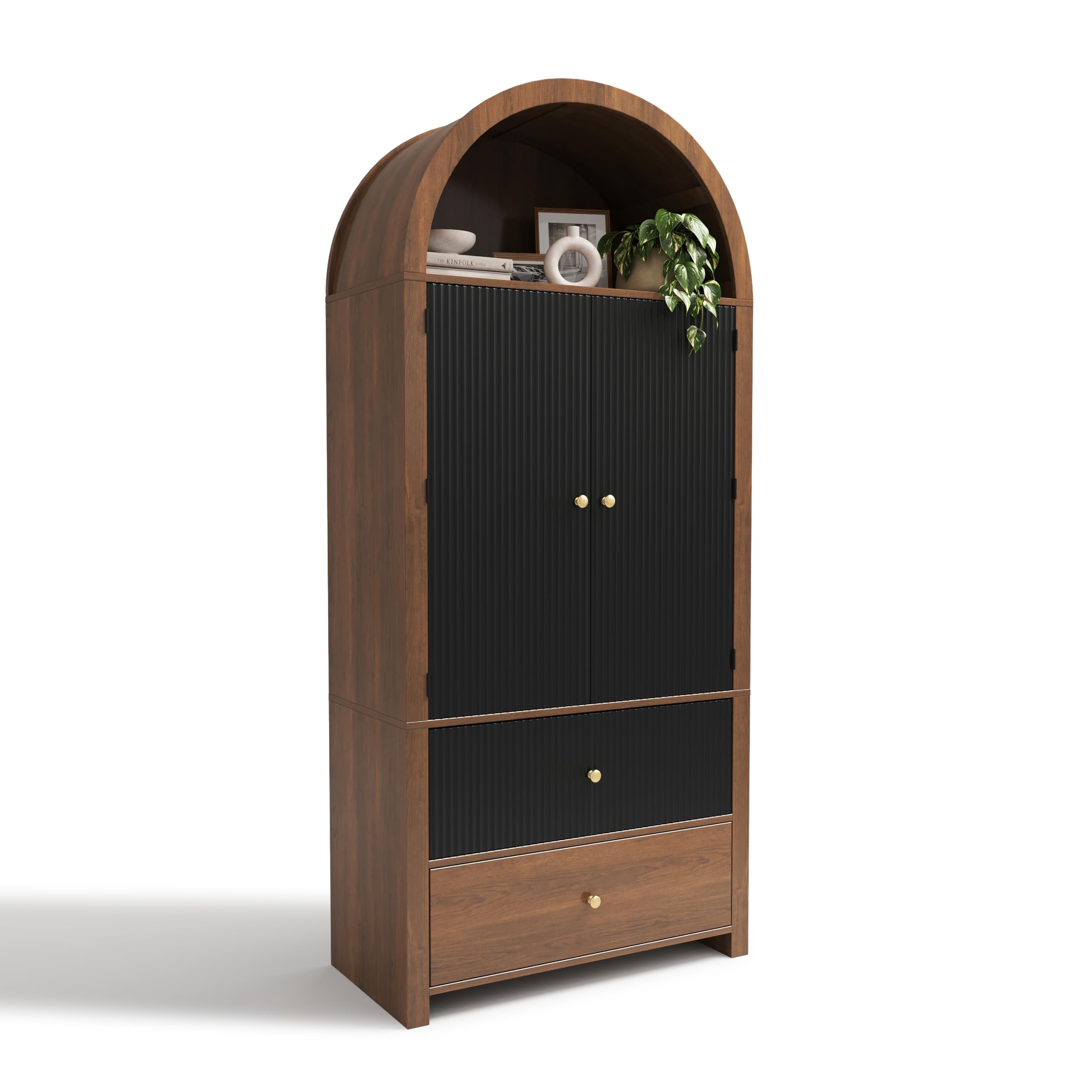 Armario arqueado 180 × 80 × 40 cm, vitrina, armario para vino, con estantes para puerta, compartimento superior abierto, 2 cajones, para cocina, comedor, salón, dormitorio, aspecto de nogal