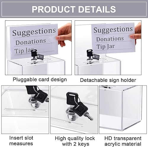 Miniatura 3 de Paquete de 8 cajas de donación de acrílico con candado y soporte para letreros, caja de sugerencia transparente, caja de comentarios de votación de