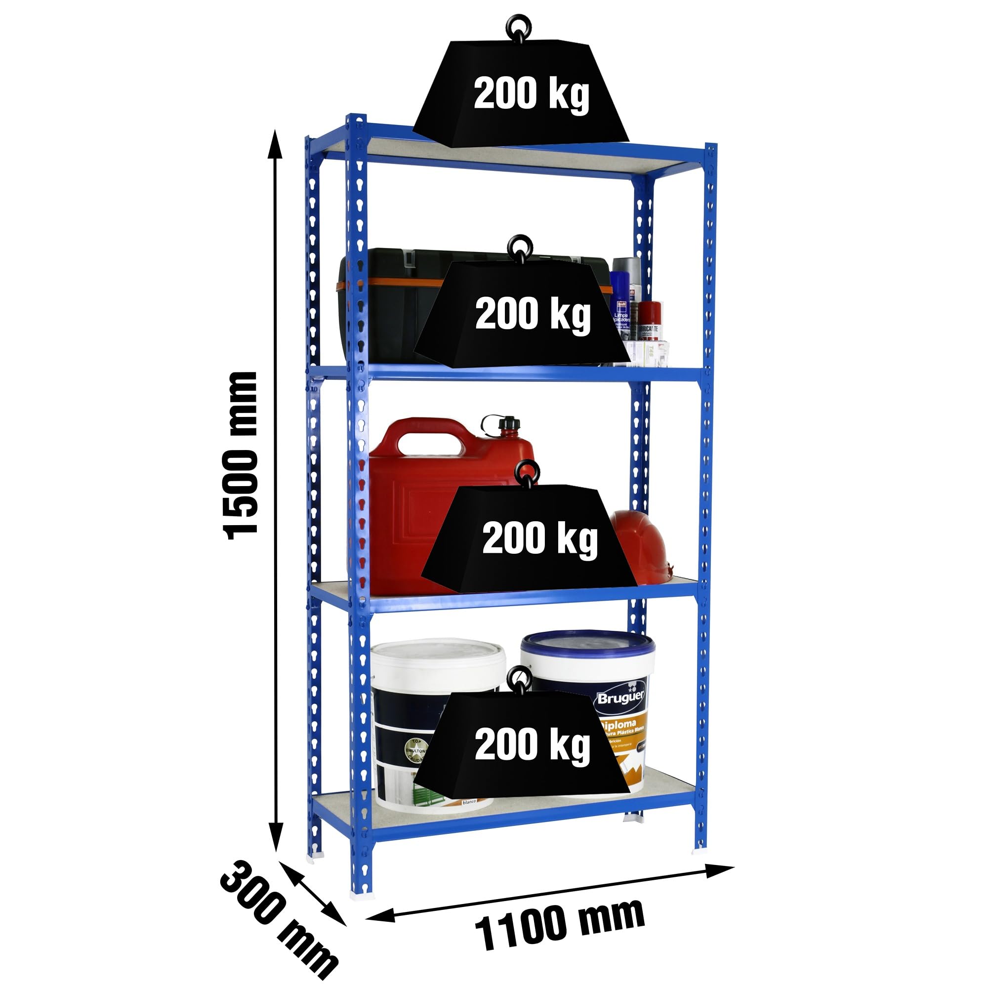 SimonRack Estanteria Metalica, 4 Baldas Madera Ajustables, 200 kg de Punto Flexión, 1500x1100x300 mm, Estantería Almacenaje, Sin tornillos, Azul/Madera - Maderclick | 4 Alturas, Bandeja Madera, 200 kg de Punto Flexión, Azul , Pintura anticorrosión, Montaj