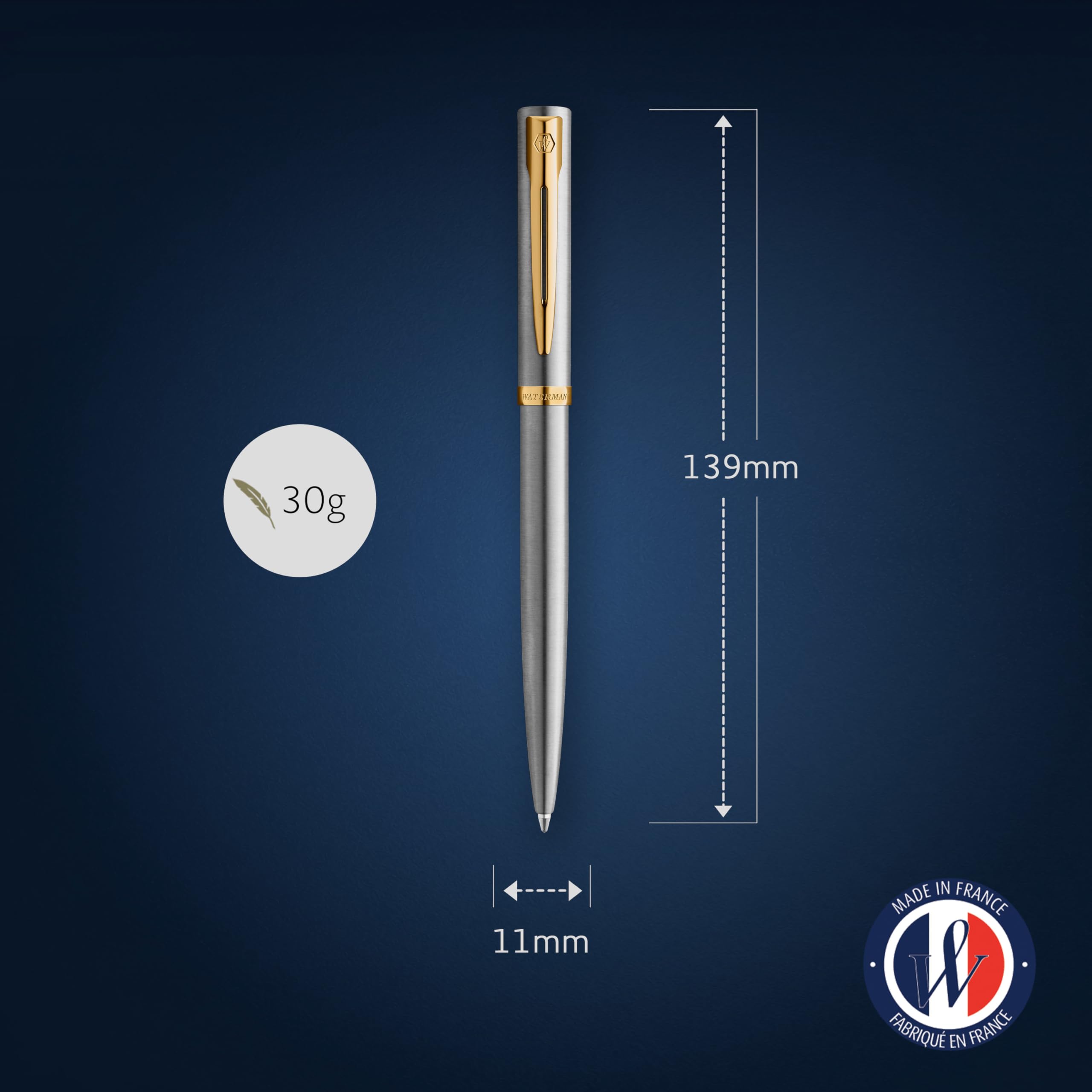 Waterman Impression Ballpoint Pen | Stainless Steel with Gold Trim | Medium Point | Blue Ink | Gift Box - Image 3