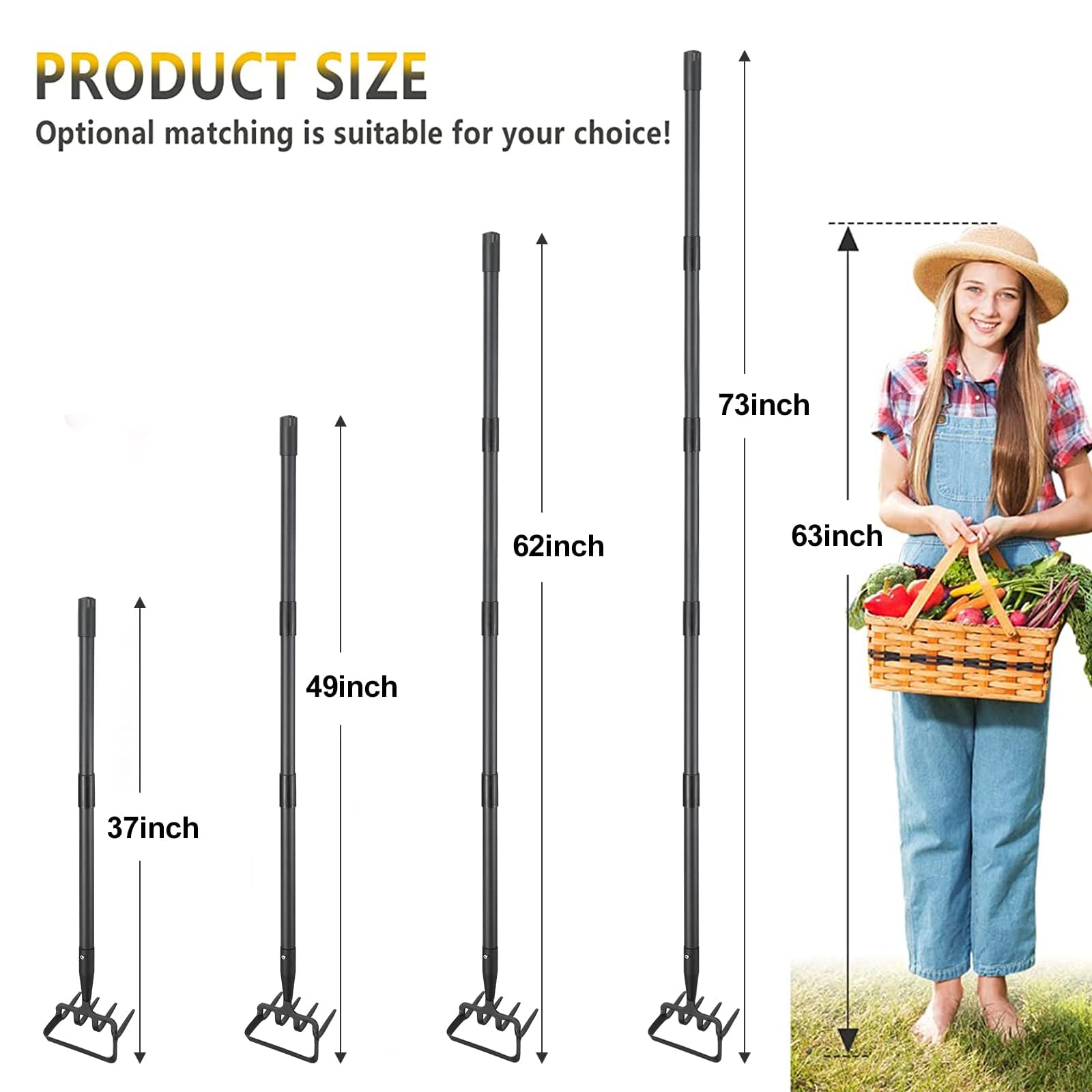 Azada de jardín 2 en 1, desbrozadora y cultivador de mango largo de 116 cm, herramienta de jardinería ergonómica con hoja afilada y 4 dientes, azada de estribo de acero al carbono resistente para