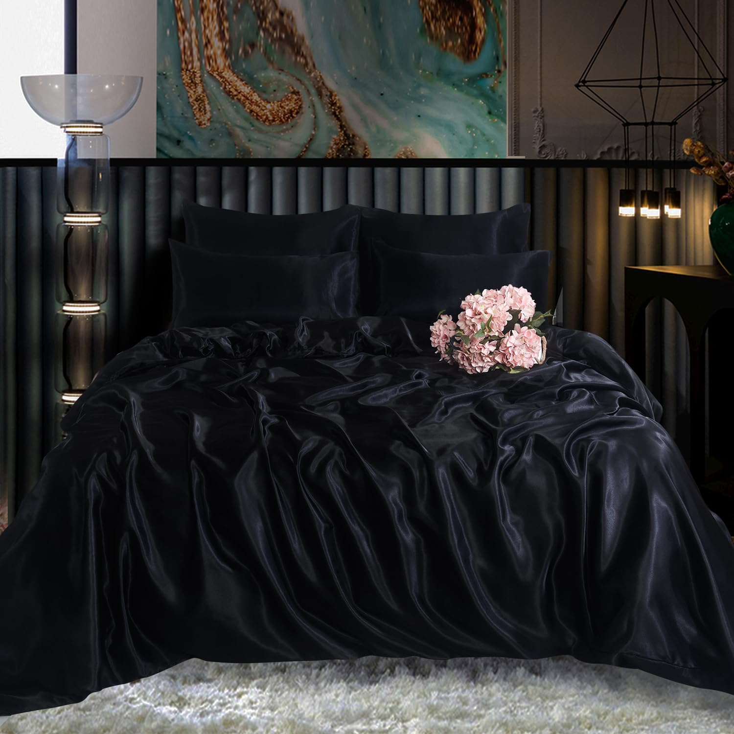 Satin Silk Complete Bedding Set - 6 PCS - Fitted sheet, Duvet Cover, 4 Pillow Cases. Color - Black Size - Double
