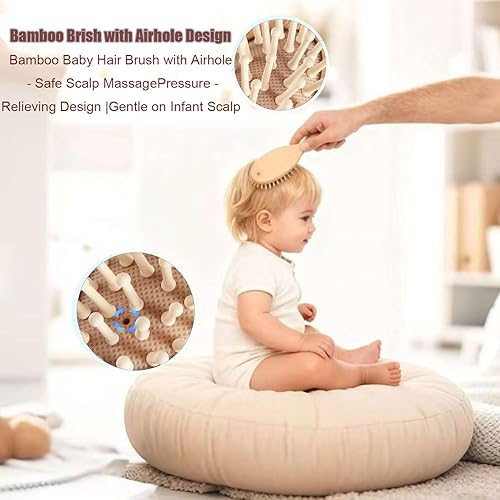 Miniatura 2 de Juego de 6 cepillos y peine para el pelo del bebé, bambú natural y cerdas de cabra para el cuidado de la tapa de la cuna, kit de aseo para recién