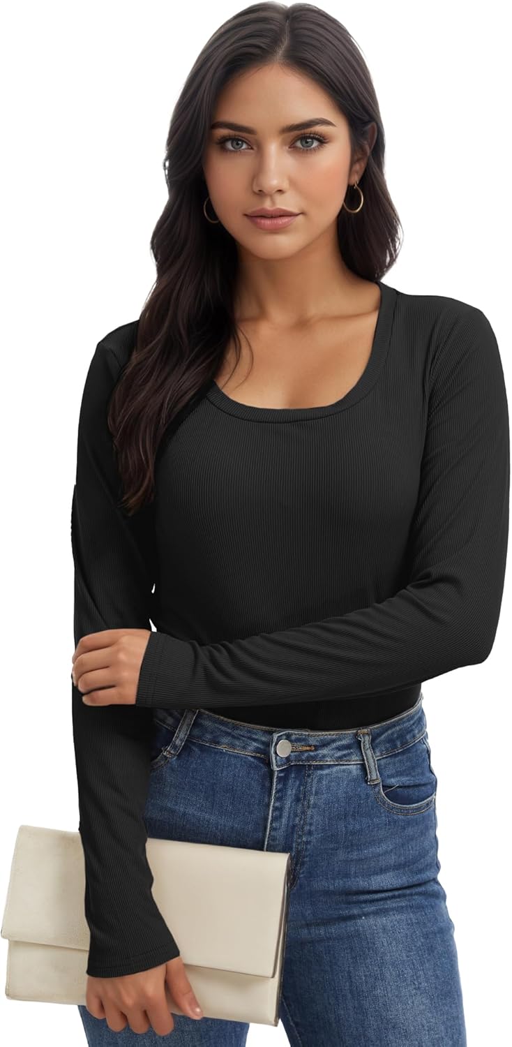 1 Pack Womens Long Sleeve Scoop Neck Ribbed Shirts, U Neck Stretch Casual Basic Tops Underscrubs Layer Clothes