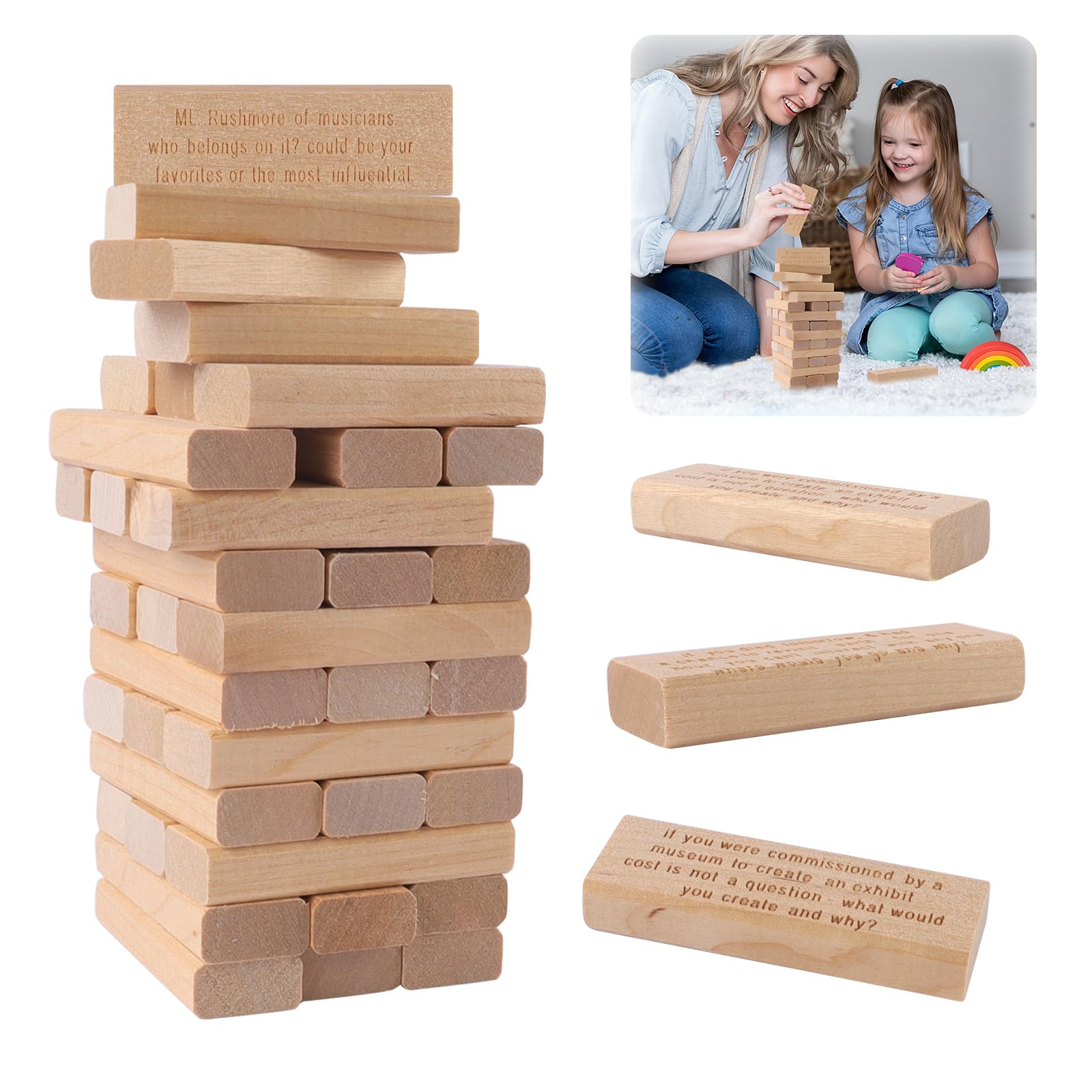 Famini 54pcs Ice Breaker Question Tumbling Tower Game - Wooden Stacking Brick Set with Build & Party Questions - Jumbo Tumble Block Set