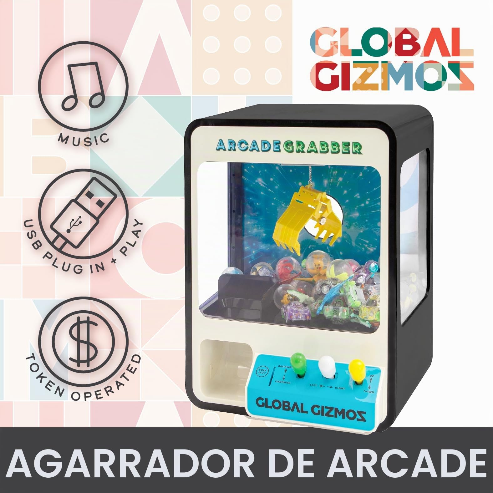 Global Gizmos 50189 Candy Grabber/Claw Machine Arcade Game para niños/Controles de Joystick/Monedas Incluidas/batería o USB/Color Negro