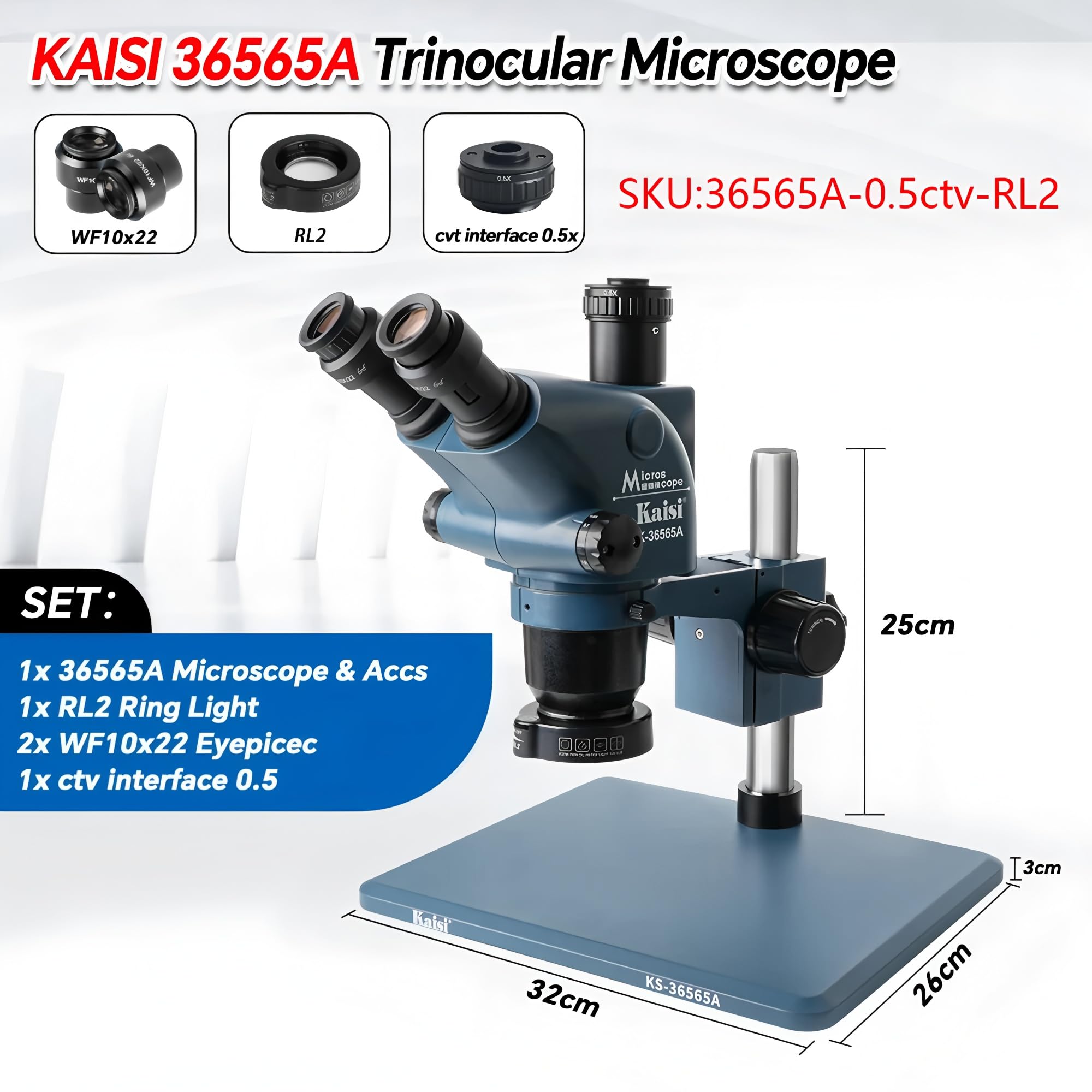 Kaisi 36565A - Microscopio trinoculare con zoom 6,5-65, 4K HD, grande base, riparazione telefono, PCB SMD BGA strumenti per saldatura (36565A-0.5ctv-RL2)