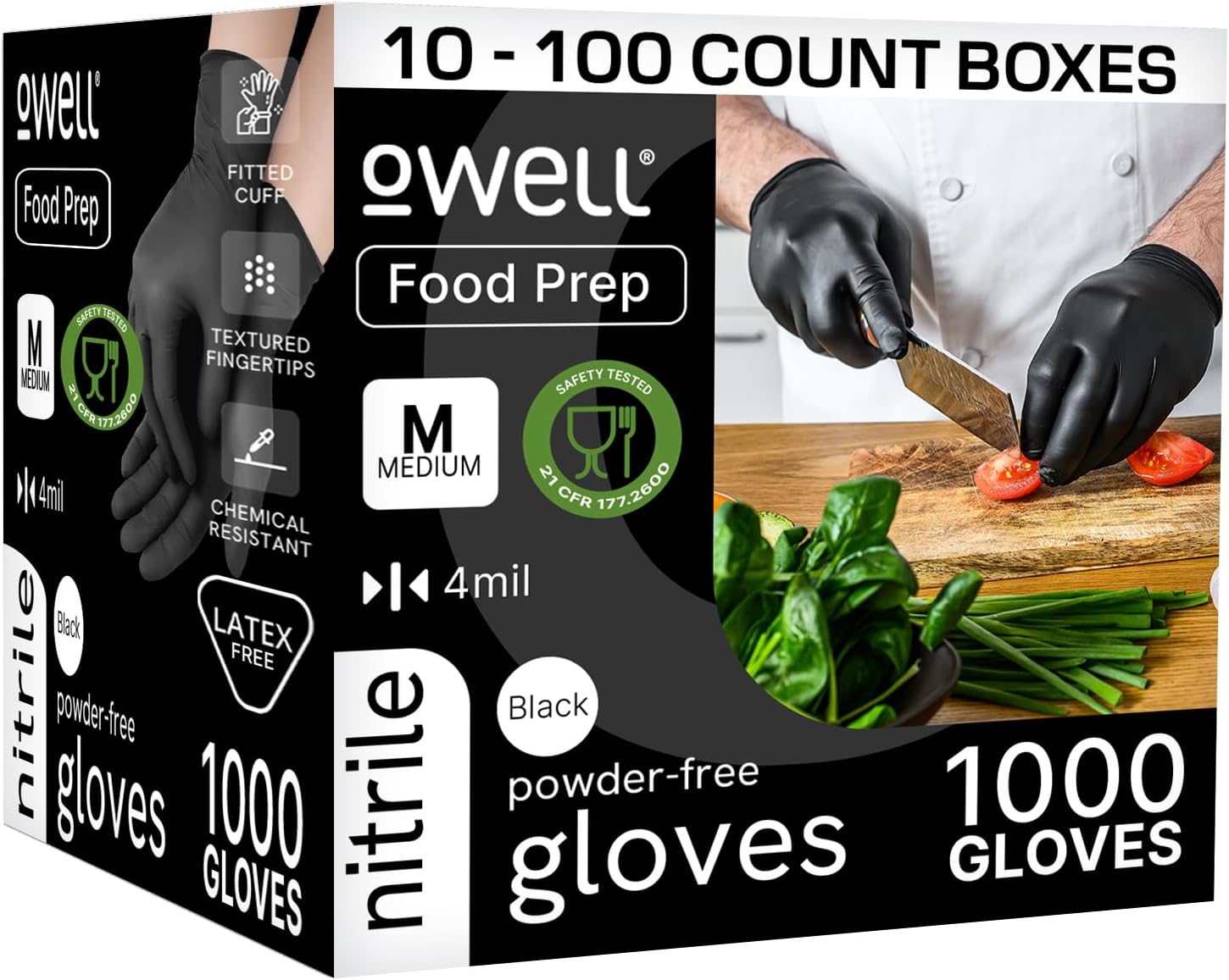 OWELL® Black Nitrile Gloves - 4 Mil Food Safe Disposable Gloves - Latex-Free, Powder-Free, Medical Exam & Chemical Resistant