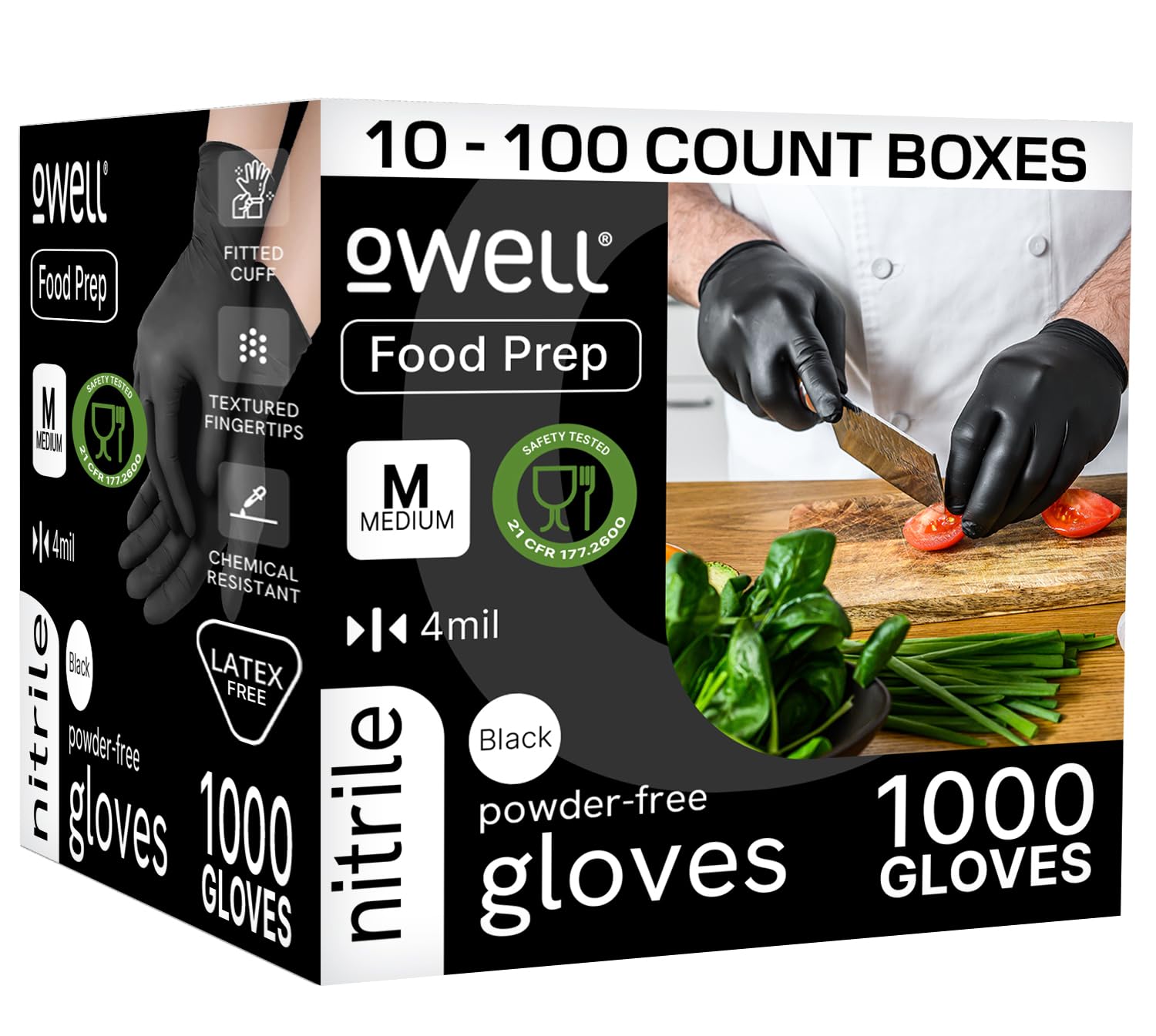 OWELL® Black Nitrile Gloves - 4 Mil Food Safe Disposable Gloves - Latex-Free, Powder-Free, Medical Exam & Chemical Resistant
