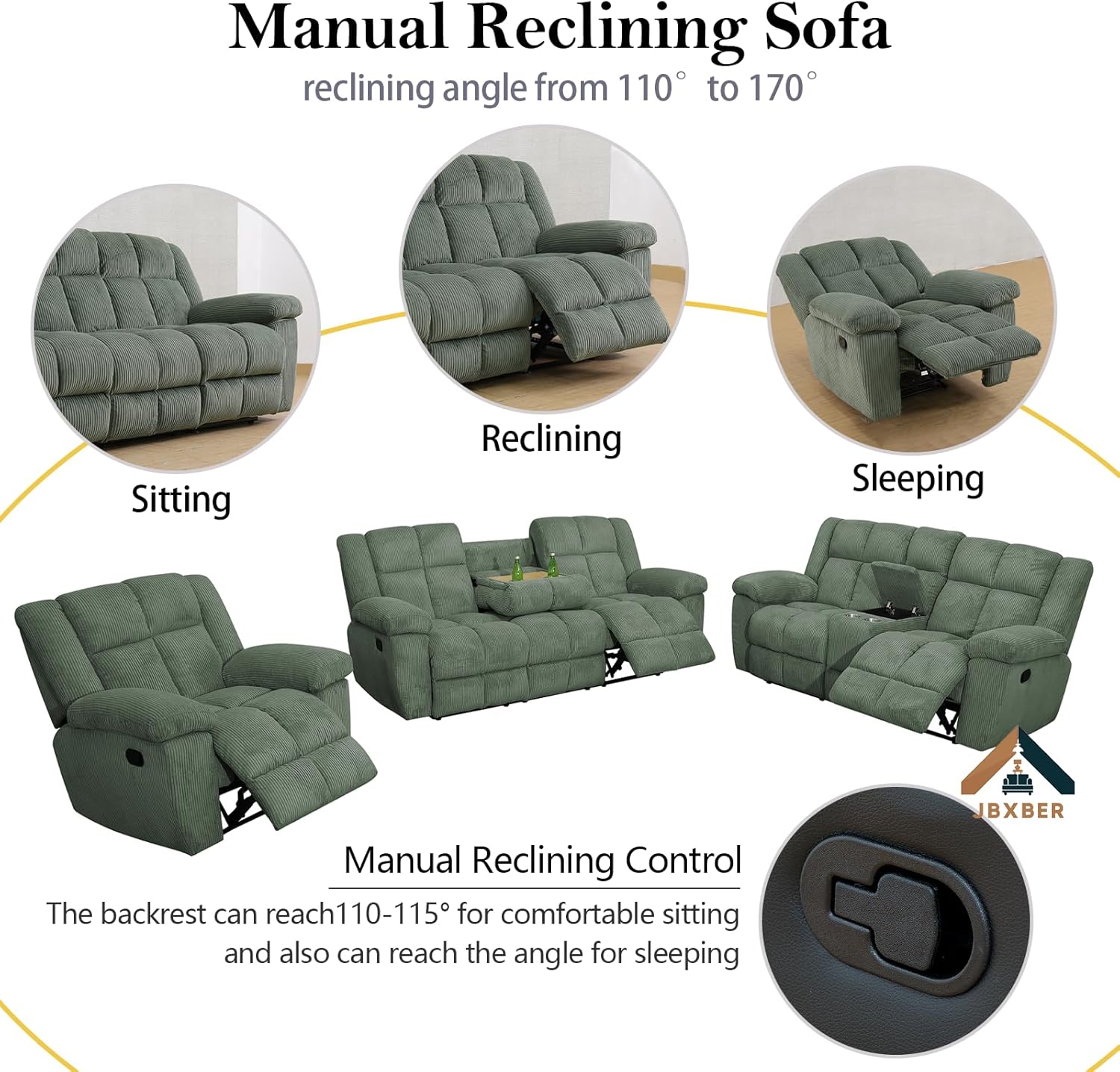 Recliner Sofa Set for Living Room, Manual Recliner Sofa Set, Living Room Furniture Set, Sofa Loveseat and Chair 3 Piece Set with Cup Holder Storage Console(Chair,Green)