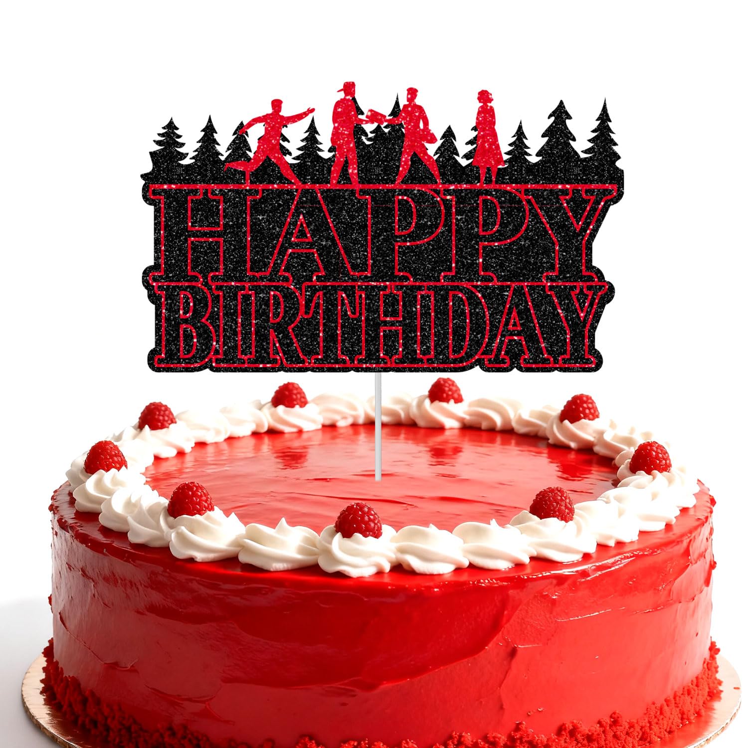 Happy Birthday Cake Topper, Glitter Black & Red Horrific Forest Birthday Cake Topper for Kids Boys Girls Themed Party Favors & Decor Supplies