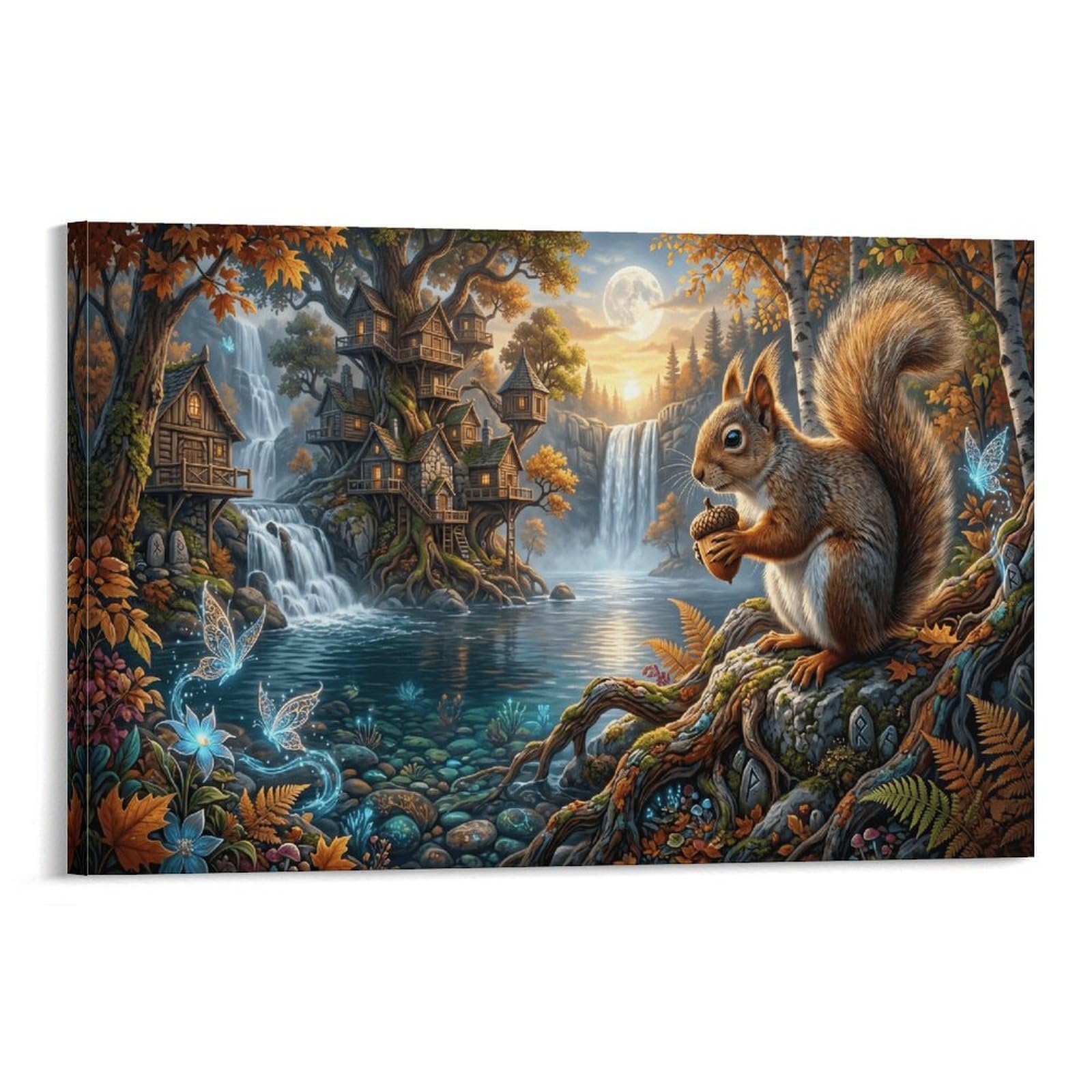 XPASHIQWC Squirrel Poster Artwork Autumn Forest Waterfall Giclee Canvas Prints Modern Wall Art Picture Wall Hanging for Office Gym Living Room Decor 20x30inch(50x75cm)