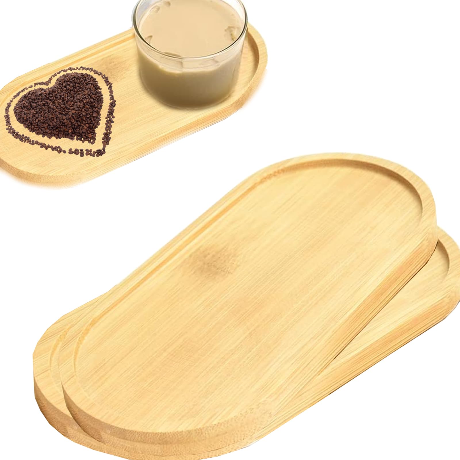 Khazna Bamboo Tray, 2 Pcs Oval Wooden Trays Small Round Bamboo Tray Wood Serving Plate Solid Bamboo Tea Serving Tray Cup Coaster Flower Plant Succulent Tray for Coaster, Tea, Coffee, Cake,Succulent