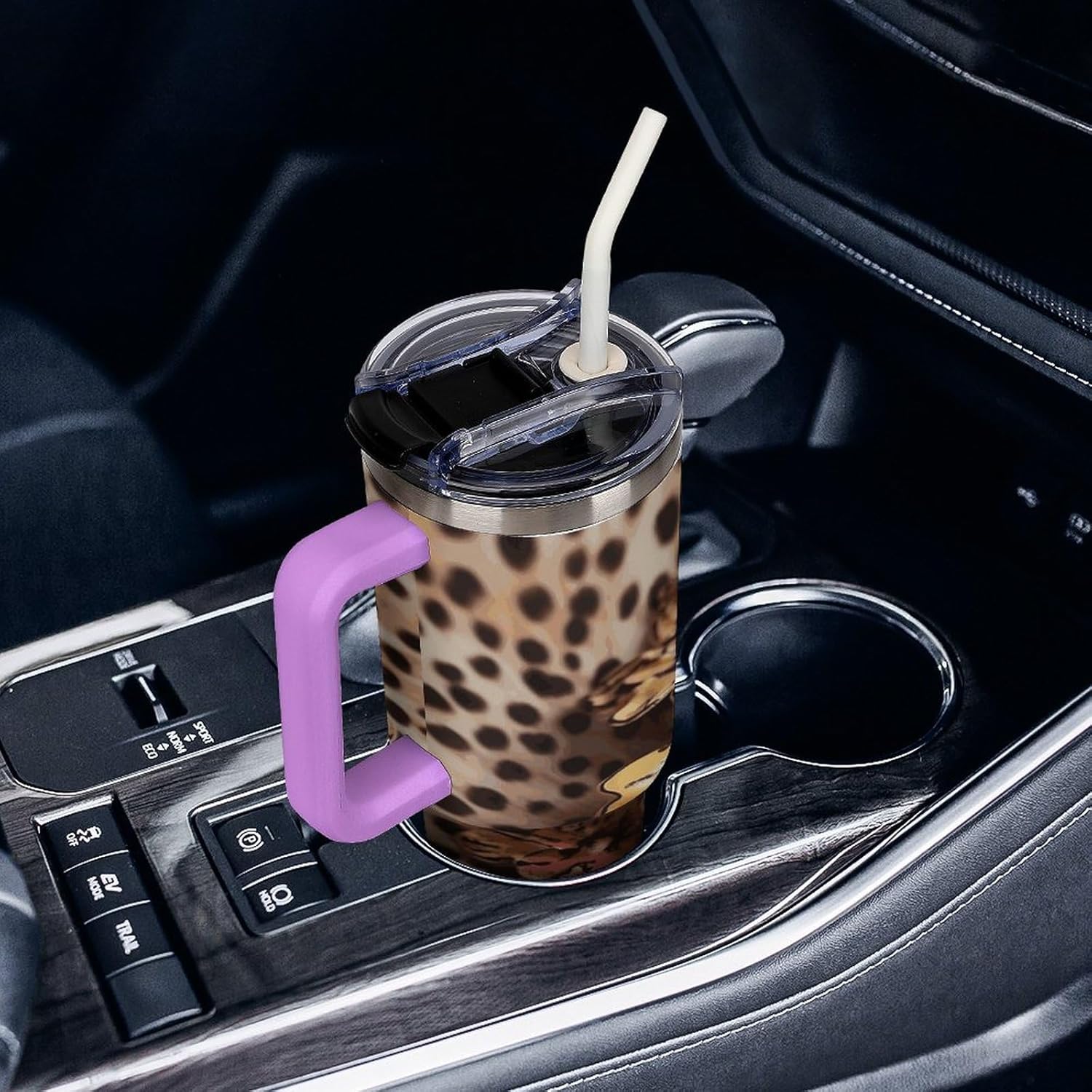 40 Oz Insulated Mug with Handle, Stainless Steel Vintage Leopard Flower Printed Travel Mug Portable Leak-proof Large Car Mug for Home, Office Or Car