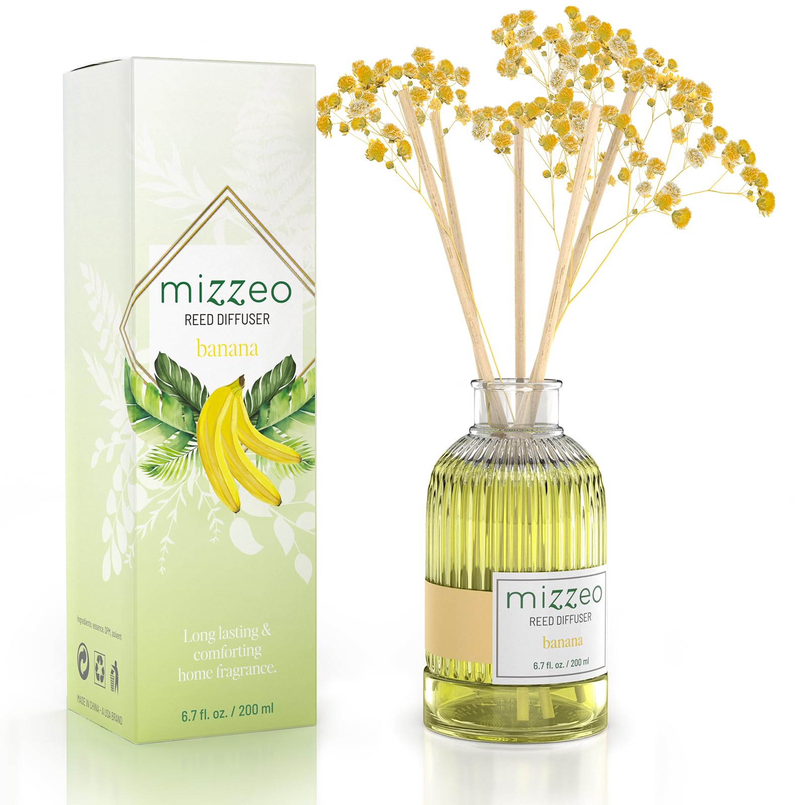 MIZZEO Reed Diffuser Set, Banana 6.76 fl oz Highly Scented Room Diffuser Home Fragrance Essential Oil Reed Flower Diffuser, House Bedroom Office Decor