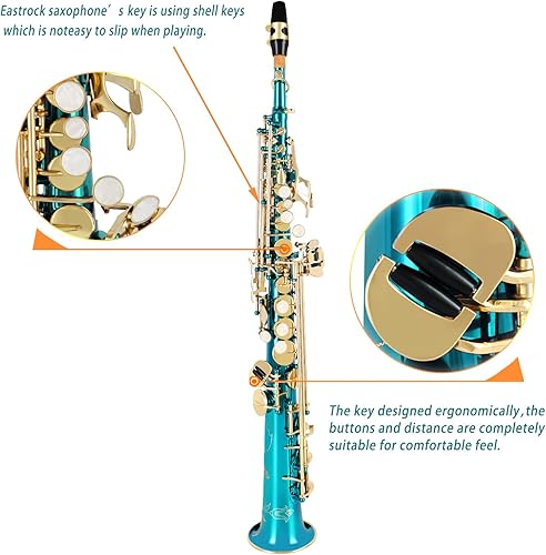 Miniatura 20 de EASTROCK Saxofón soprano curvado Bb Flat Blue Sax Instrumentos para principiantes intermedios con estuche de transporte, boquilla, almohadillas