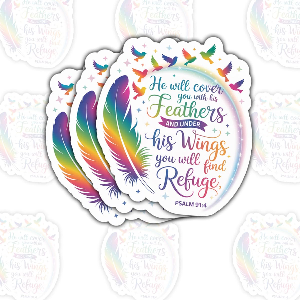Calcomanías inspiradoras de fe para decorar termos y portátiles, Salmo 91:4