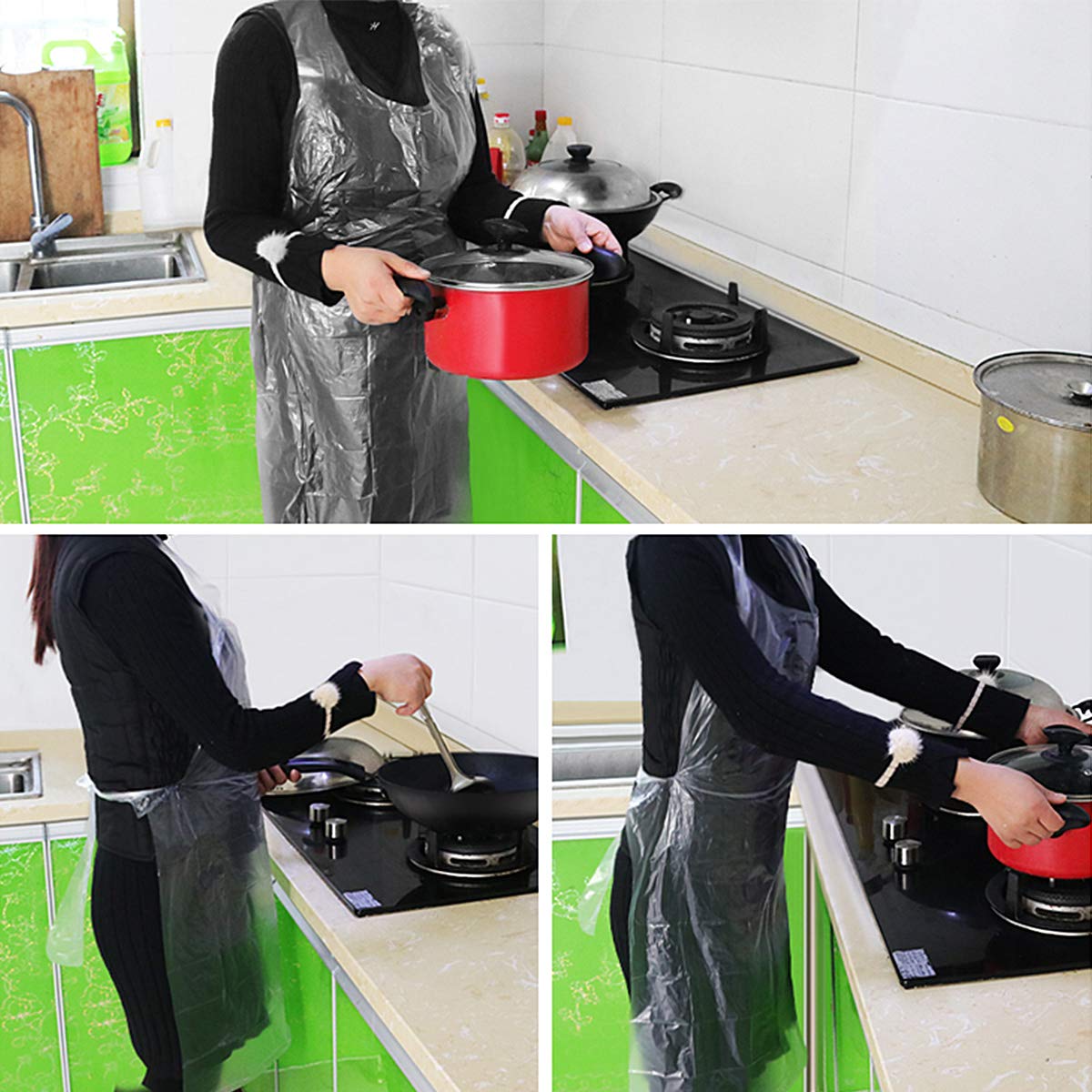 Lot de 100 Grembiule usa e getta trasparente - Blusa monouso impermeabile in polietilene con protezione quotidiana - Dimensioni universali per casa, ospedale, laboratorio e altro - Bianco