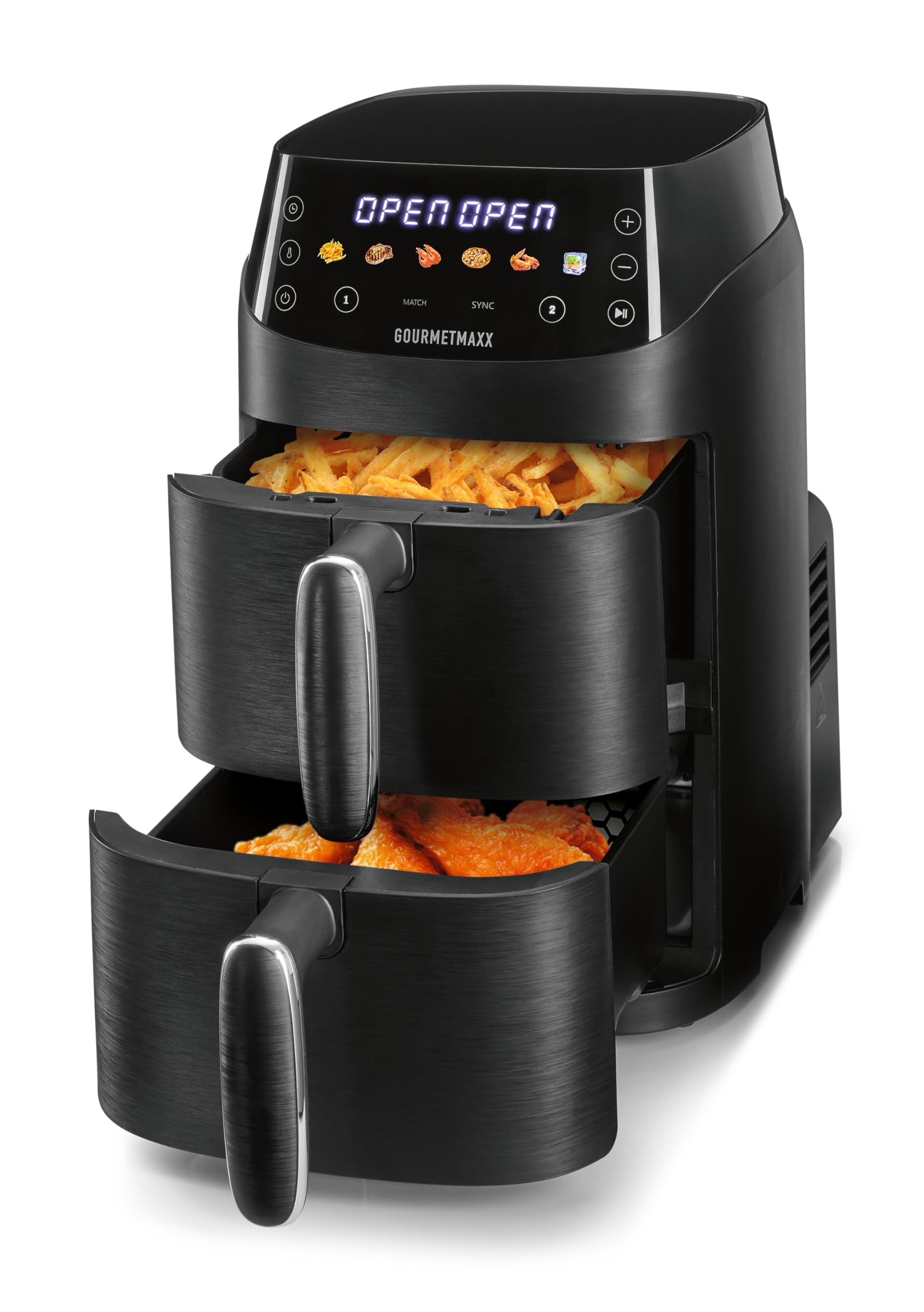 GOURMETmaxx FryUp Pionowa frytkownica na gorące powietrze z podwójną komorą XS, Airfryer z wyświetlaczem dotykowym MultiColour LED, 2 komory, pojemność 5 l (2 x 2,5 l), podwójna komora, 2 poziomy