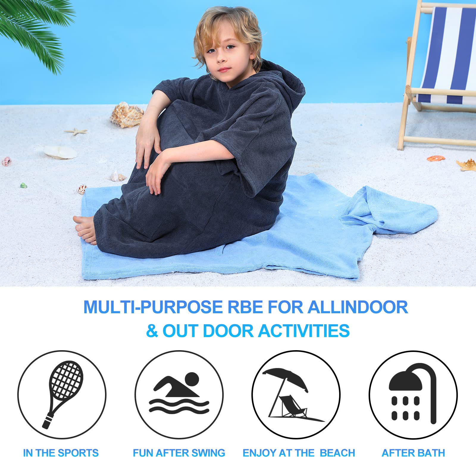 TOMEEK Poncho Toalla Infantil con Capucha Toalla de Playa con Dos Bolsillos Poncho de Surf para Niños con Capucha de Secado Rápido