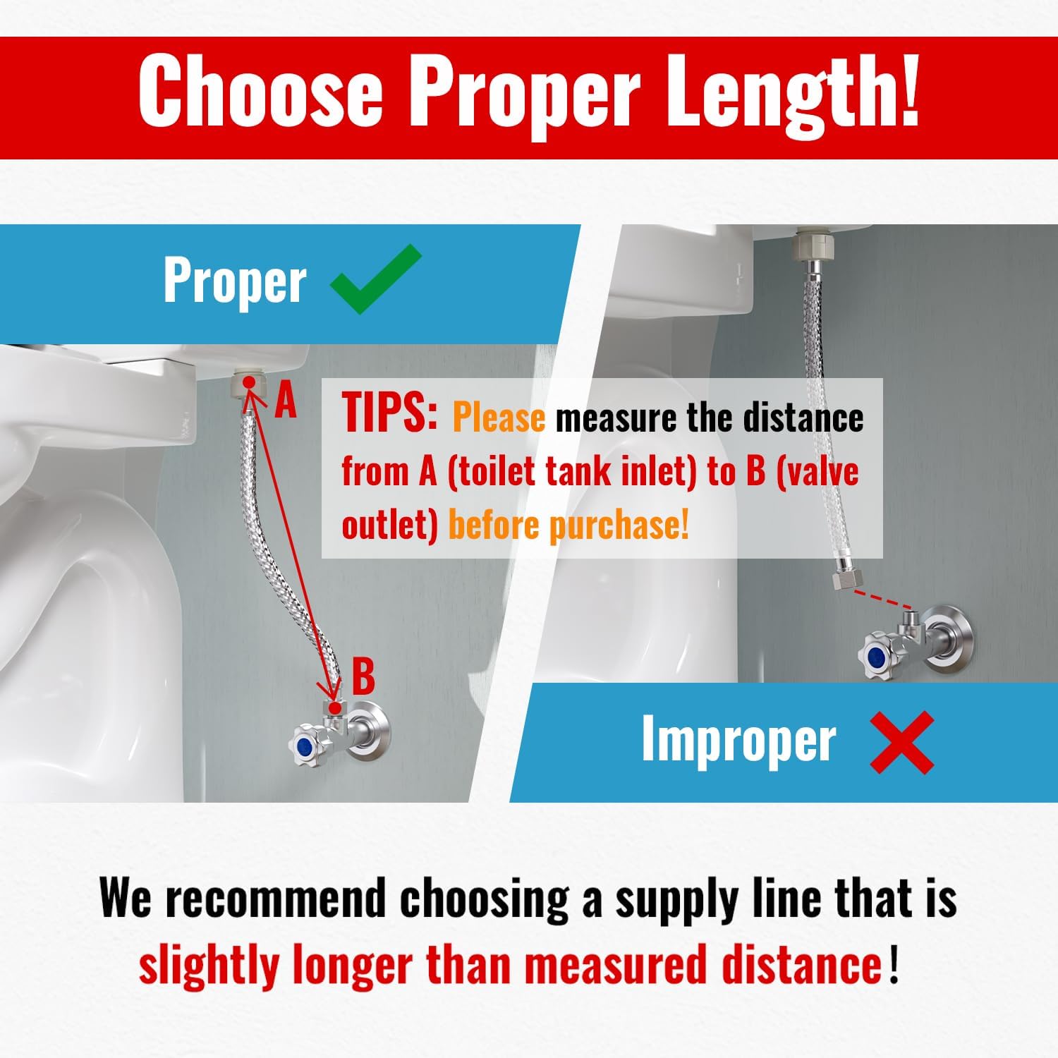 SUNGATOR 12'' Toilet Water Supply Line, 7/8" Ballcock x 3/8" Compression Toilet Hose Connector, 12 Inch Braided Stainless Steel Water Supply Line with 1 Wrench and Sealing Tape (1 Pack)