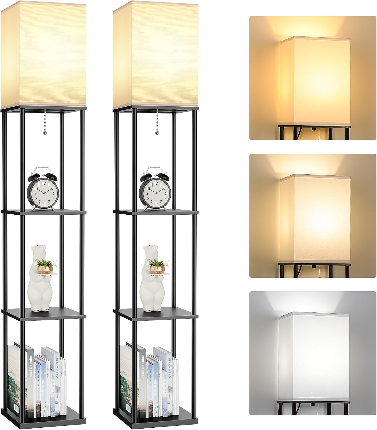 2-Pack Floor Lamp with Shelves, 3-Tier Square Bookshelf Standing Lamp