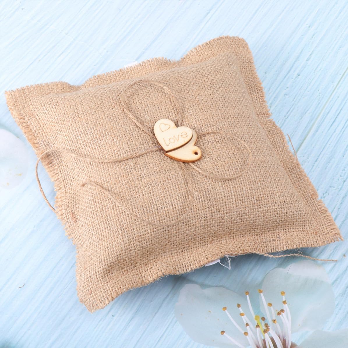 Luxshiny Wedding Ring Bearer Pillow Cushion 18cm Burlap Beige Hearts