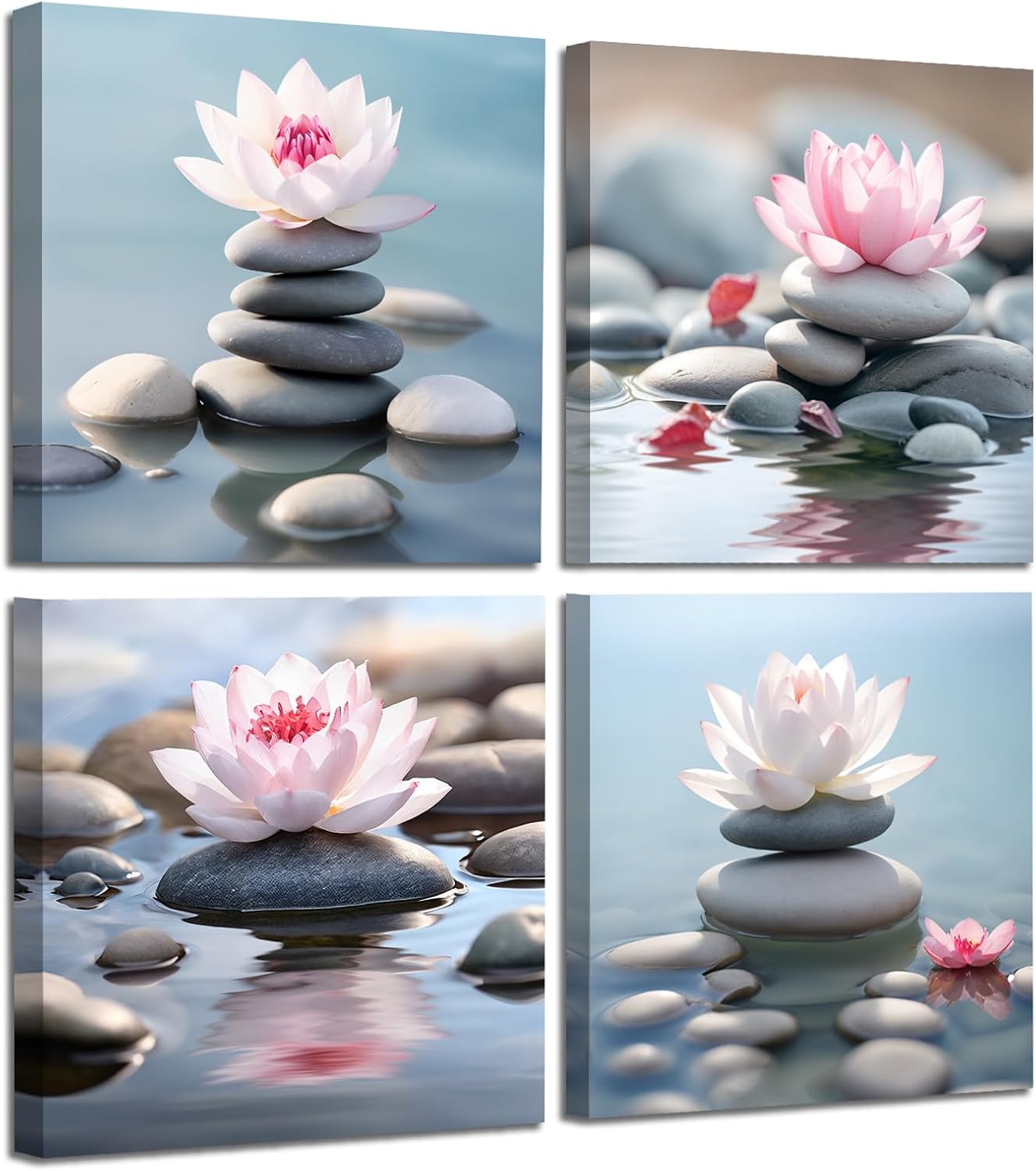 GLOKAKA 4 Panel Spa Zen Canvas Wall Art Purple Candles And Zen Stone Aroma Lavender Flower Painting Pictures Meditation Artwork for Bathroom Spa Room Decor Ready to Hang