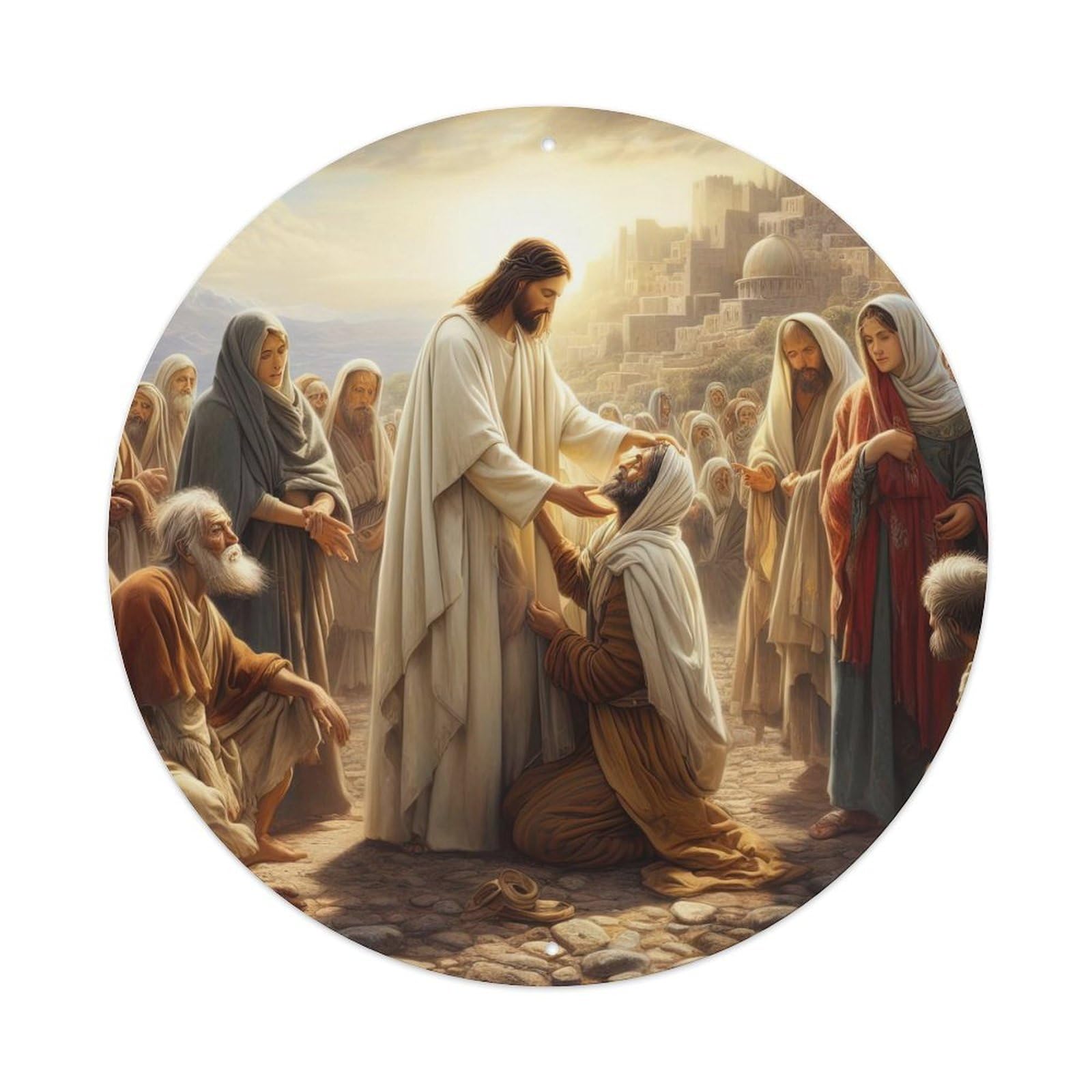 Christianity Jesus Religious Poster 7 Vintage Metal Tin Sign Plaque Wall Decor for Cafe, Club, Garden Round Metal Poster 8x8Inch