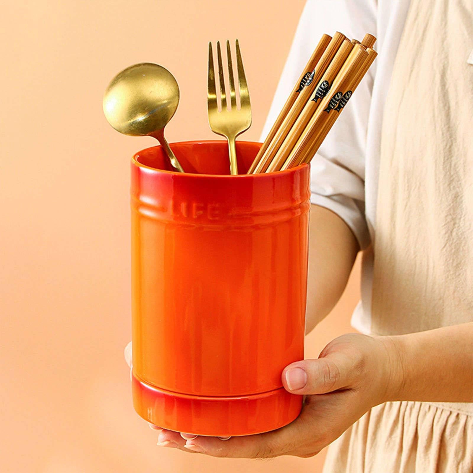 Ceramic Chopstick Holder With Drainage - Diamond Pattern Utensil Crock, Large Capacity Kitchen Organizer - View #6