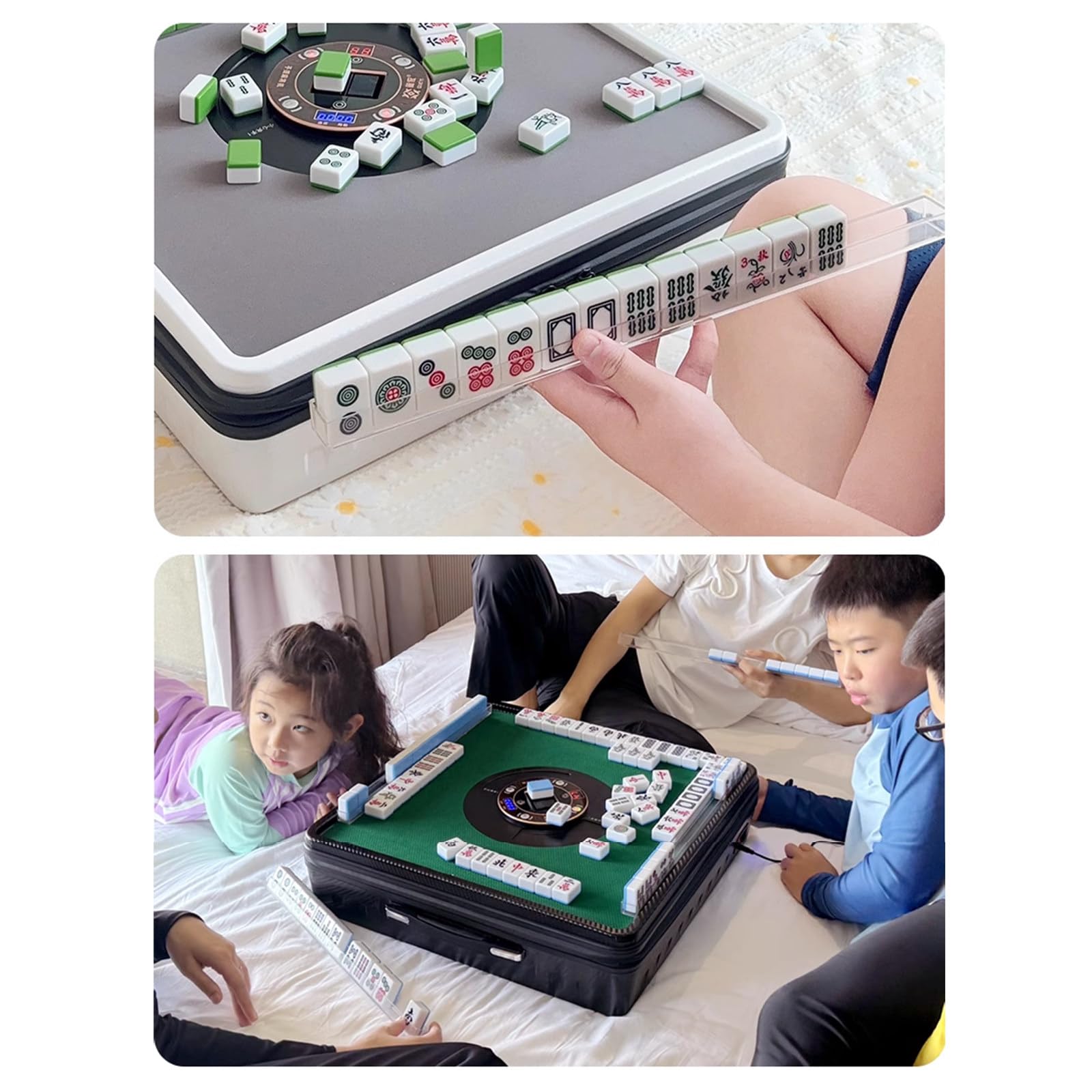 Elektryczny stół mahjong z automatycznym tasowaniem, pomieści 2-5 graczy, mini rozmiar 53 cm, zawiera 144 płytki magnetyczne do zabawy wewnątrz i na zewnątrz