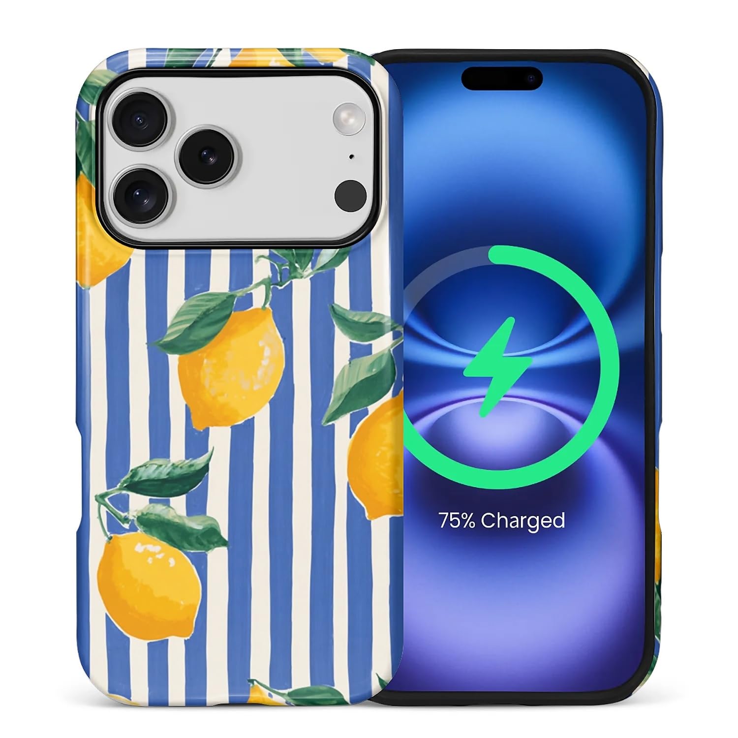 Coque iPhone 17 Pro MagSafe rigide acrylique rayures blanches bleu citron - 8