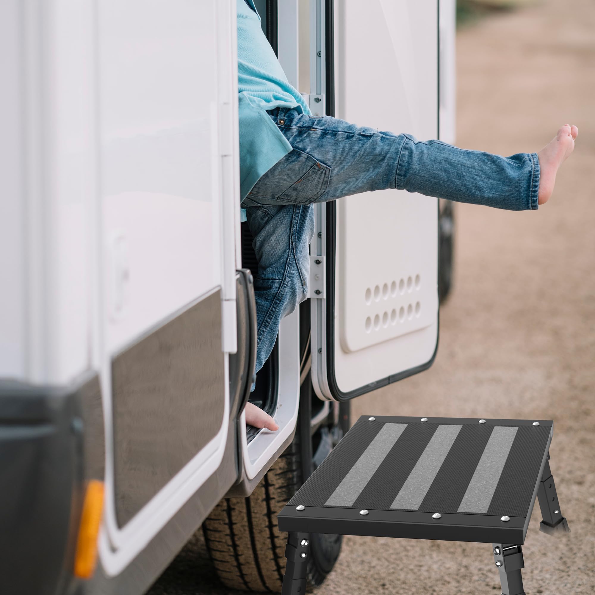 Aluminium Klapptritt Wohnmobil Tritthocker 1 Stufe Max Belastung 220 kg für Camping/Autowäsche, Höhenverstellbare Caravan Tritthocker (Graphitschwarz)