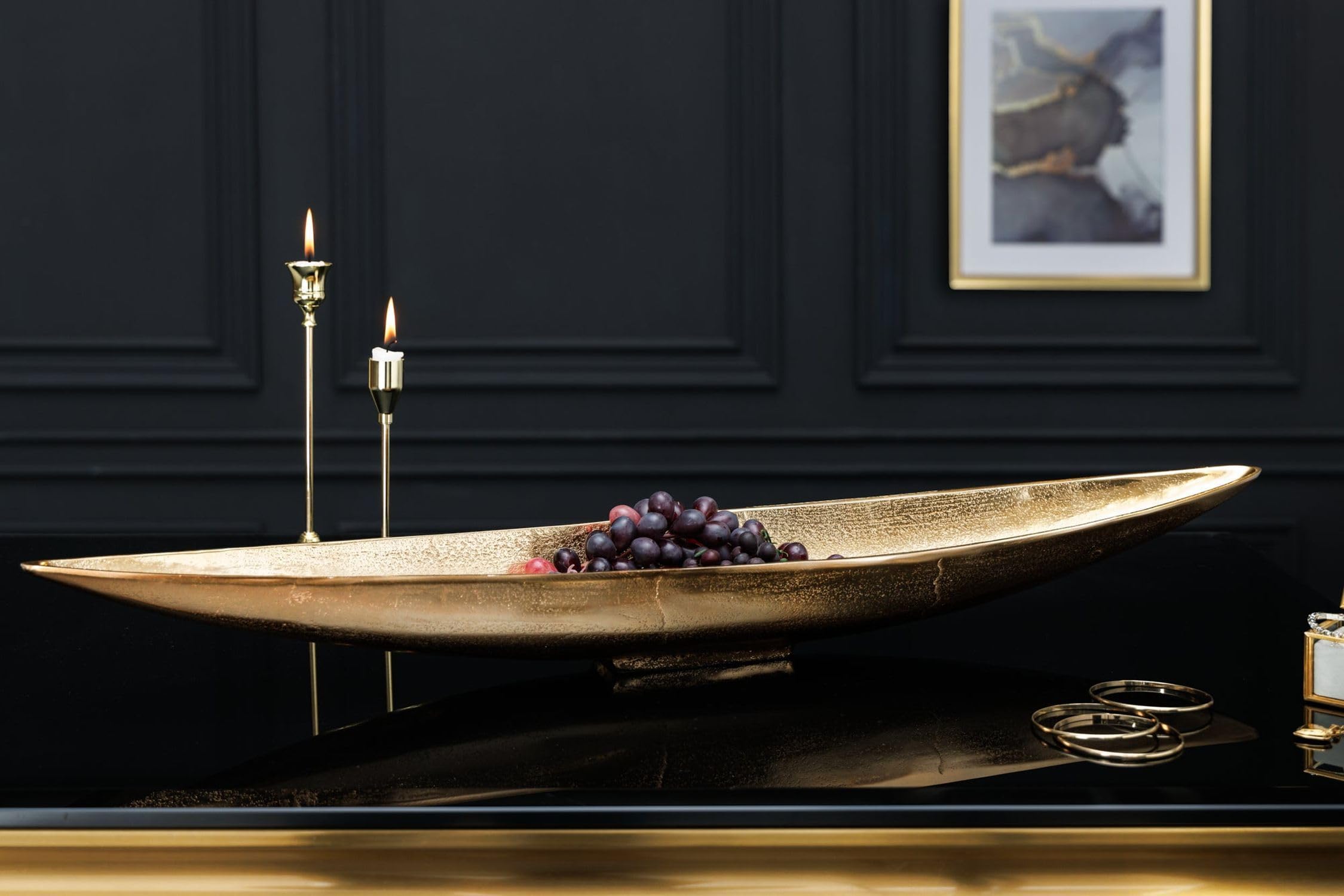 Licht-Erlebnisse Dekoschale länglich groß 82 cm lang aus Metall in Gold Handarbeit Elegantes Design Deko Schale für Schmuck Schlüsse Obstschale Esstisch