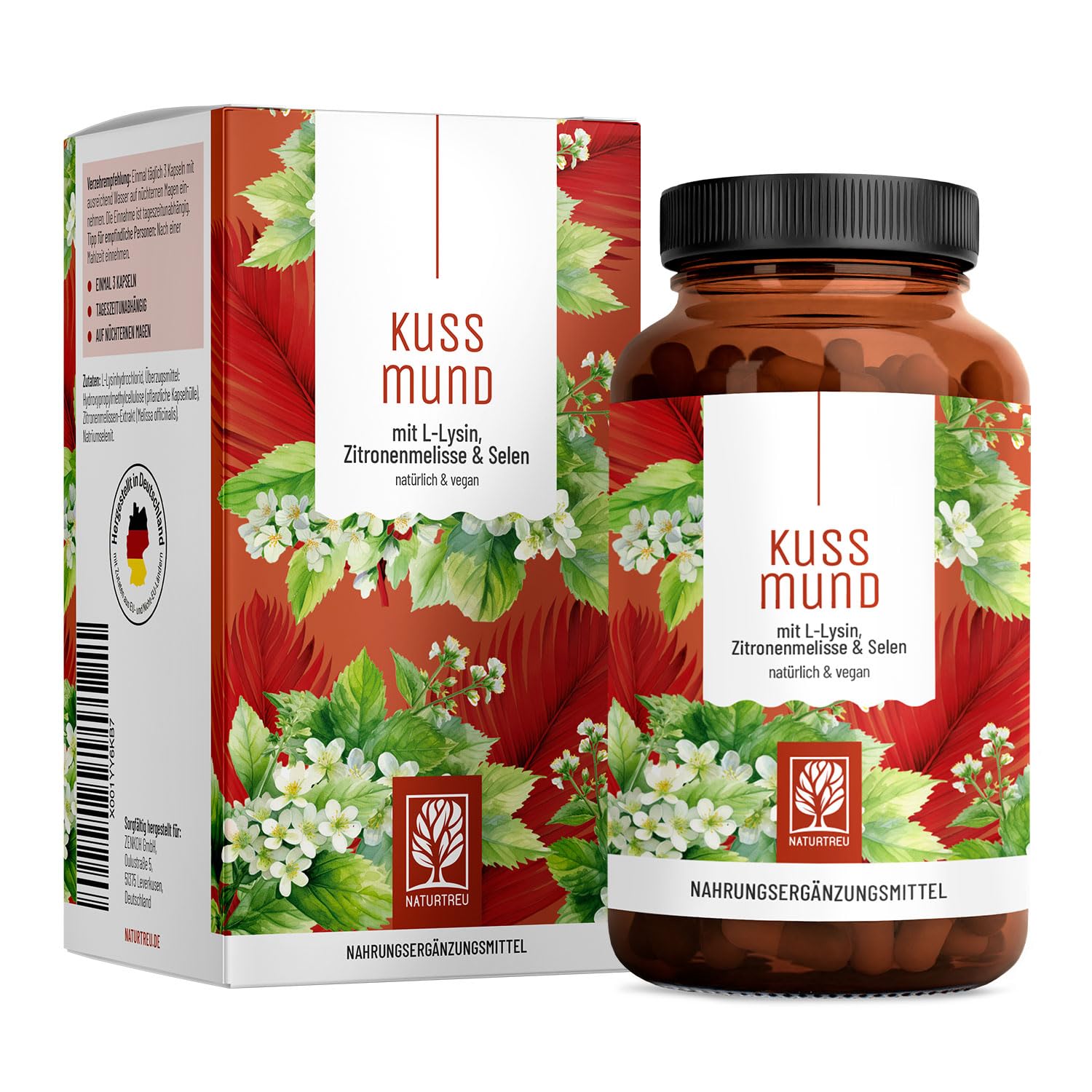 L-Lysin 1000 mg hochdosiert - L Lysin Komplex mit Zitronenmelisse und Selen – Hochdosierte Kapseln - Naturtreu Kussmund vegan & laborgeprüft