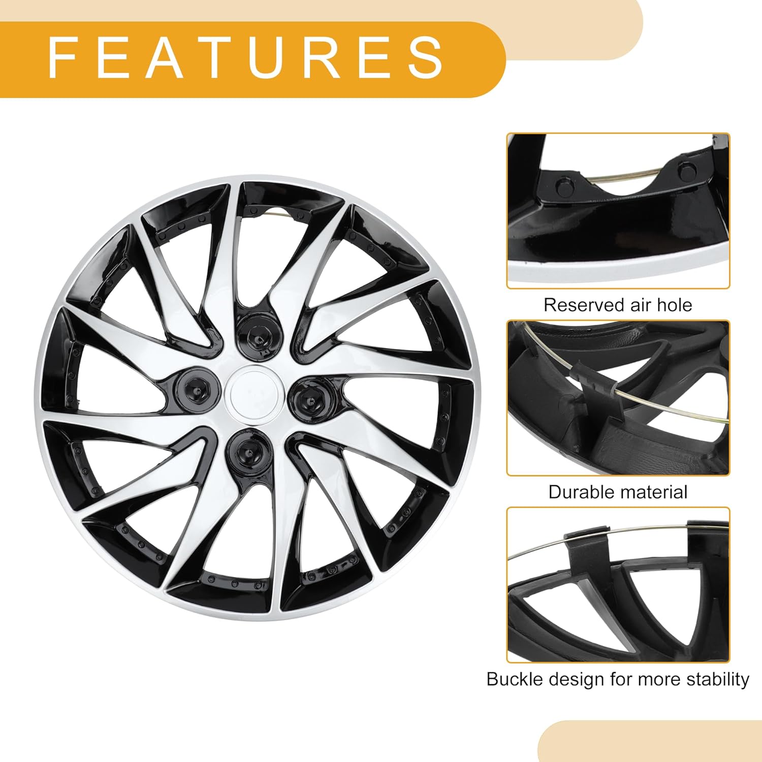 4 Pcs Clip-On Universal Car Wheel Rim Hub Cover Wheel Hub Caps for Car Pickup Truck SUV Wheel Skins Decorative Plastic Silver Tone Black R15 / 15 Inch
