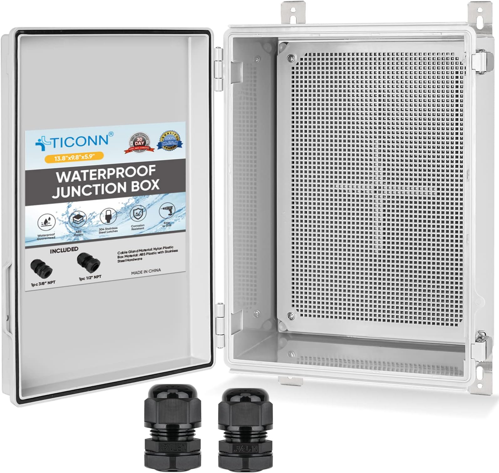 TICONN Outdoor Electrical Box Waterproof, Junction Box IP67 ABS Plastic Enclosure with Hinged Cover with Mounting Plate, Wall Brackets, Cable Glands (Off-White, 13.8"x9.8"x5.9")