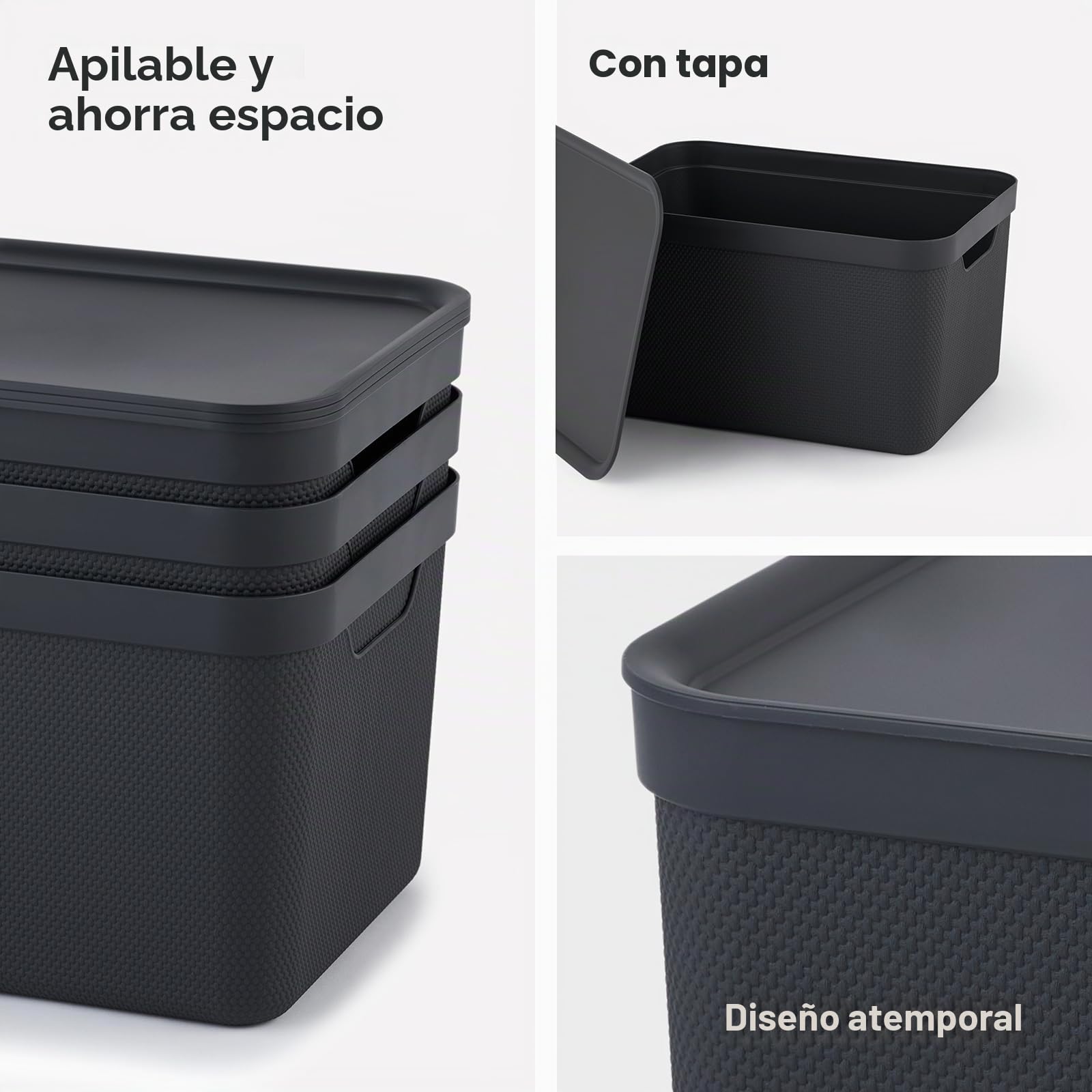 Juego de 3 cajas de almacenamiento Jive Dekobox de 16 l con tapa, plástico (PP reciclado), gris oscuro, 3 x 16 l (36,5 x 27 x 27 cm)