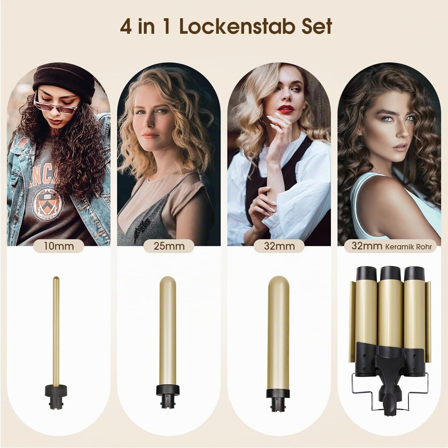 4 in 1 Lockenstab Set,3 Fässer Welleneisen 32mm Keramik mit Lockenstab Große Locken,Welleneisen Verschiedenen Aufsätzen Einstellbare Temp Schnellaufheizung für Lange und Kurze Haare