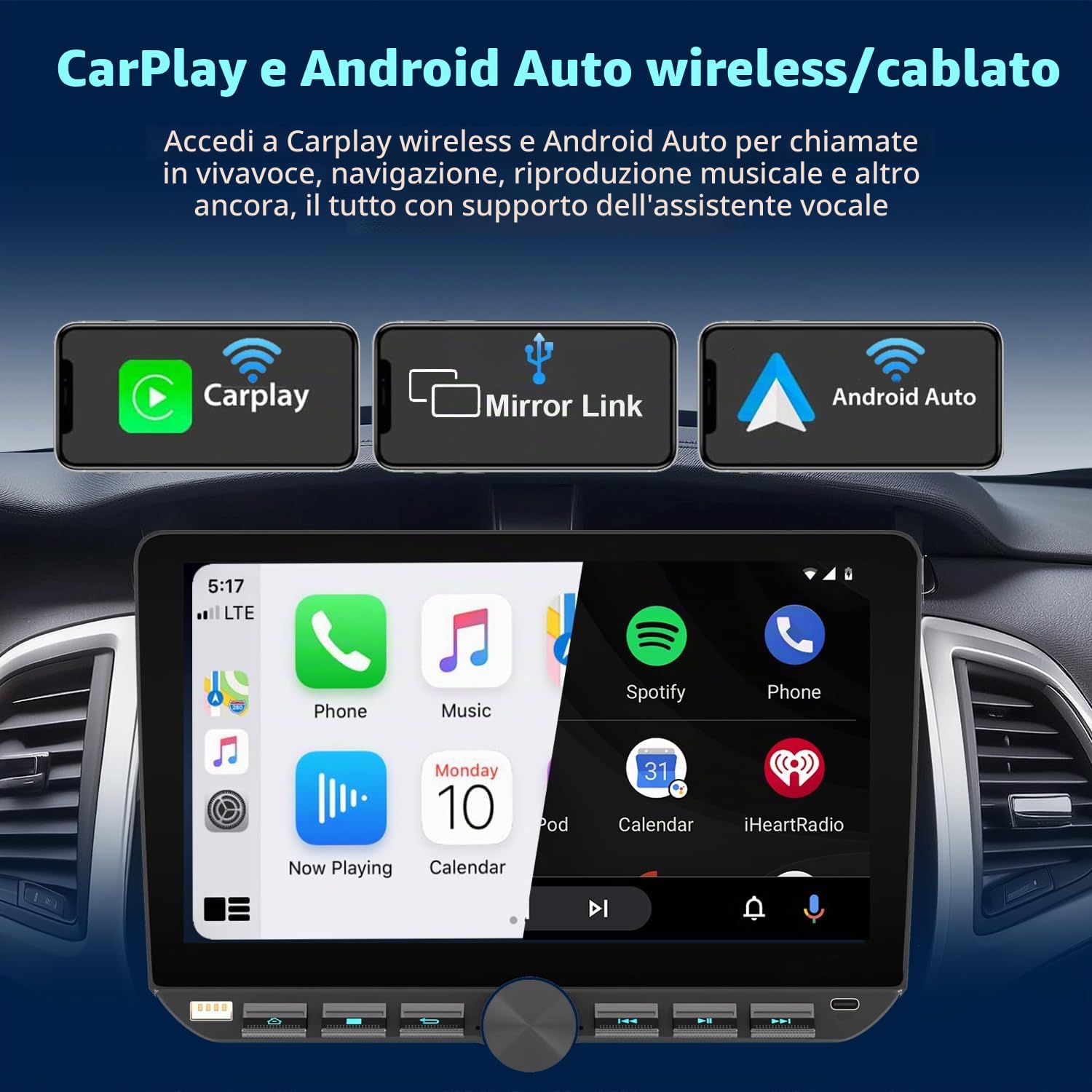 Autoradio 1 Din con Ruotabile schermo (10,1"), compatibile con [Wireless] Apple CarPlay/Android Auto Bluetooth USB Type-C telecamera posteriore AM/FM/RDS Radio